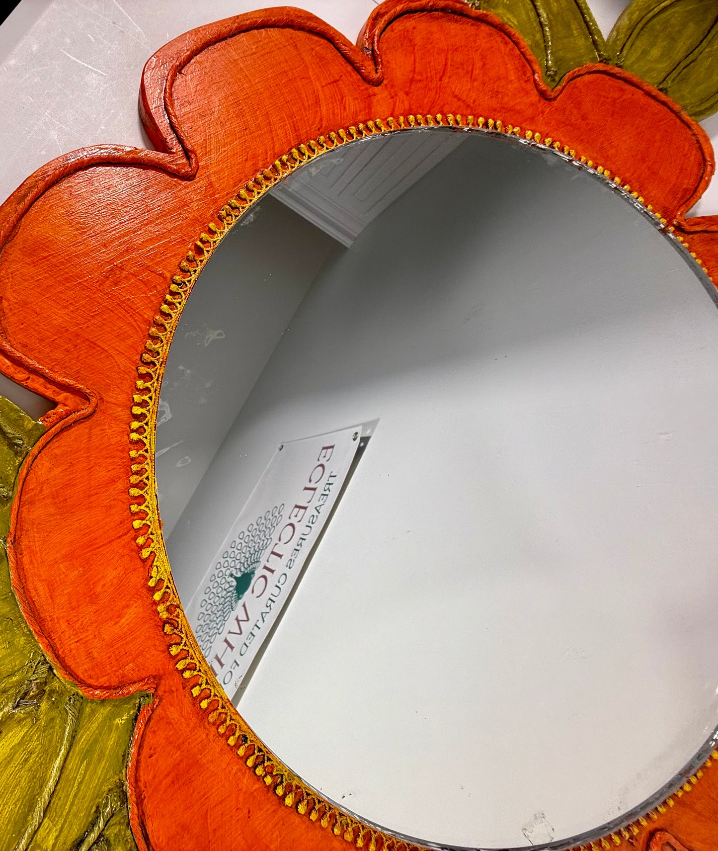 VINTAGE ORANGE AND GREEN FLOWER SHAPED HANGING MIRROR, 1970s