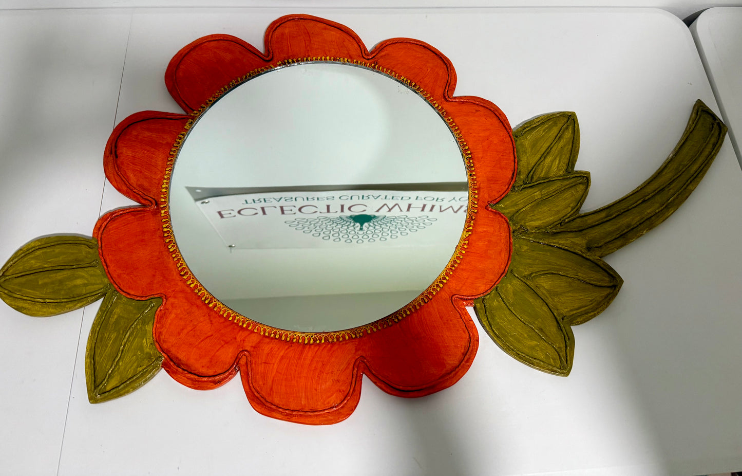 VINTAGE ORANGE AND GREEN FLOWER SHAPED HANGING MIRROR, 1970s