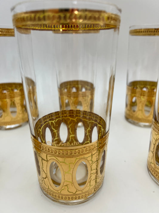 SIGNED 1950s/1960s CULVER 22K GOLD HIGHBALL GLASSES SET OF 8