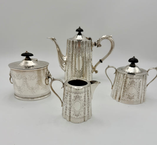 ANTIQUE ART NOUVEAU BARKER ELLIS TEAPOT, CREAMER, SUGER, COOKIE SET, ENGLAND EARLY 1900s