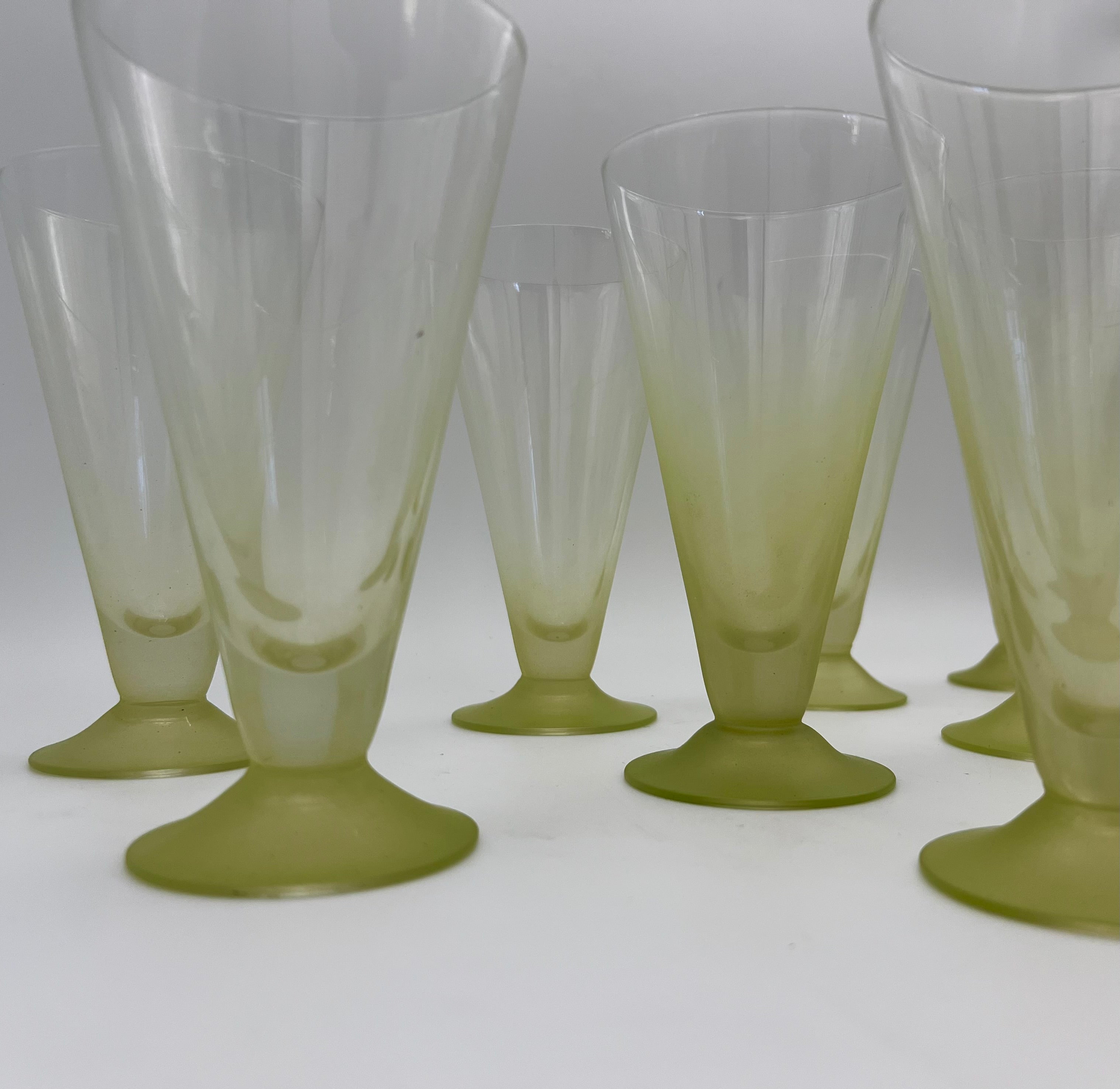 SET OF 11 VINTAGE 1960S BLENDO LIME GREEN FROSTED GOBLETS PARFAIT GLASSES MID CENTURY MODERN