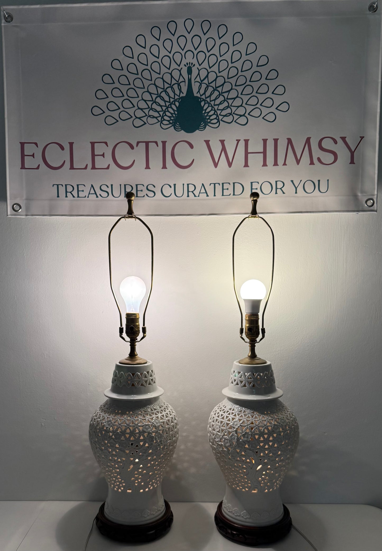 REFURBISHED VINTAGE PAIR OF BLANC DE CHINE TABLE LAMPS WITH 3 SETTINGS, 1950s