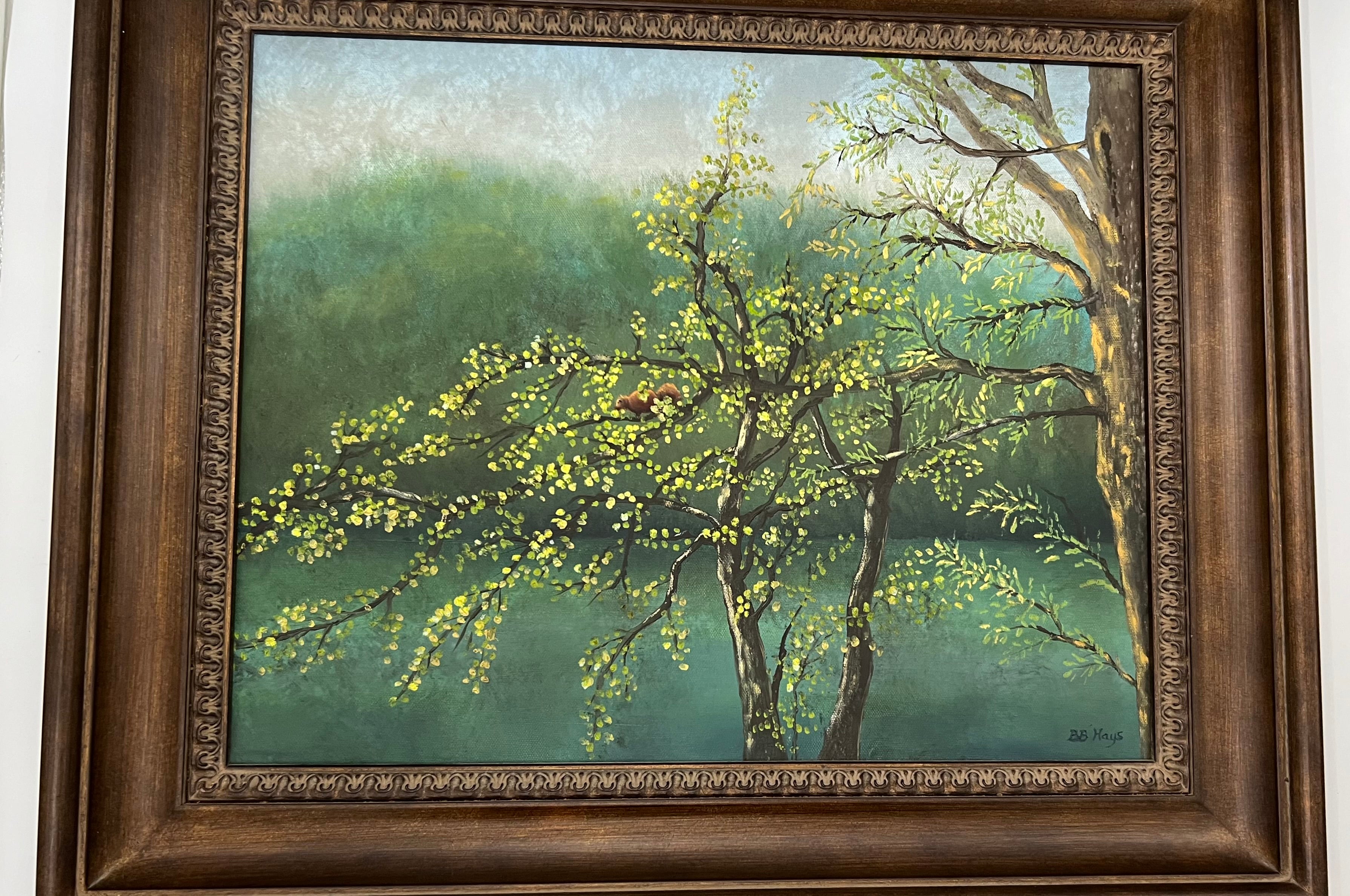ORIGINAL ACRYLIC PAINTING BY B.B. HAYS – WOODLAND SQUIRREL IN SPRING TREE – VINTAGE 1990S NATURE LANDSCAPE ART IN CARVED WOOD FRAME