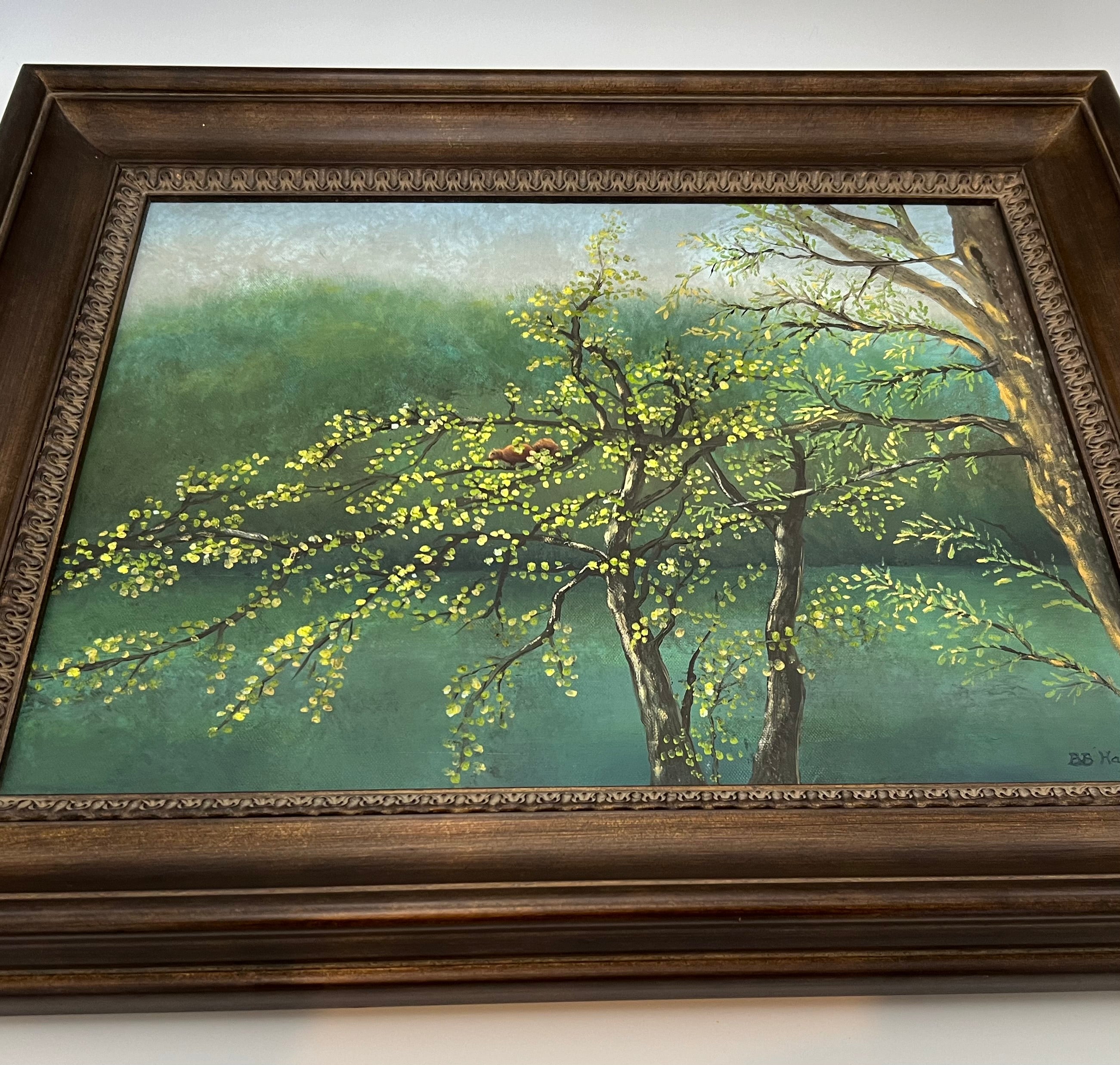 ORIGINAL ACRYLIC PAINTING BY B.B. HAYS – WOODLAND SQUIRREL IN SPRING TREE – VINTAGE 1990S NATURE LANDSCAPE ART IN CARVED WOOD FRAME