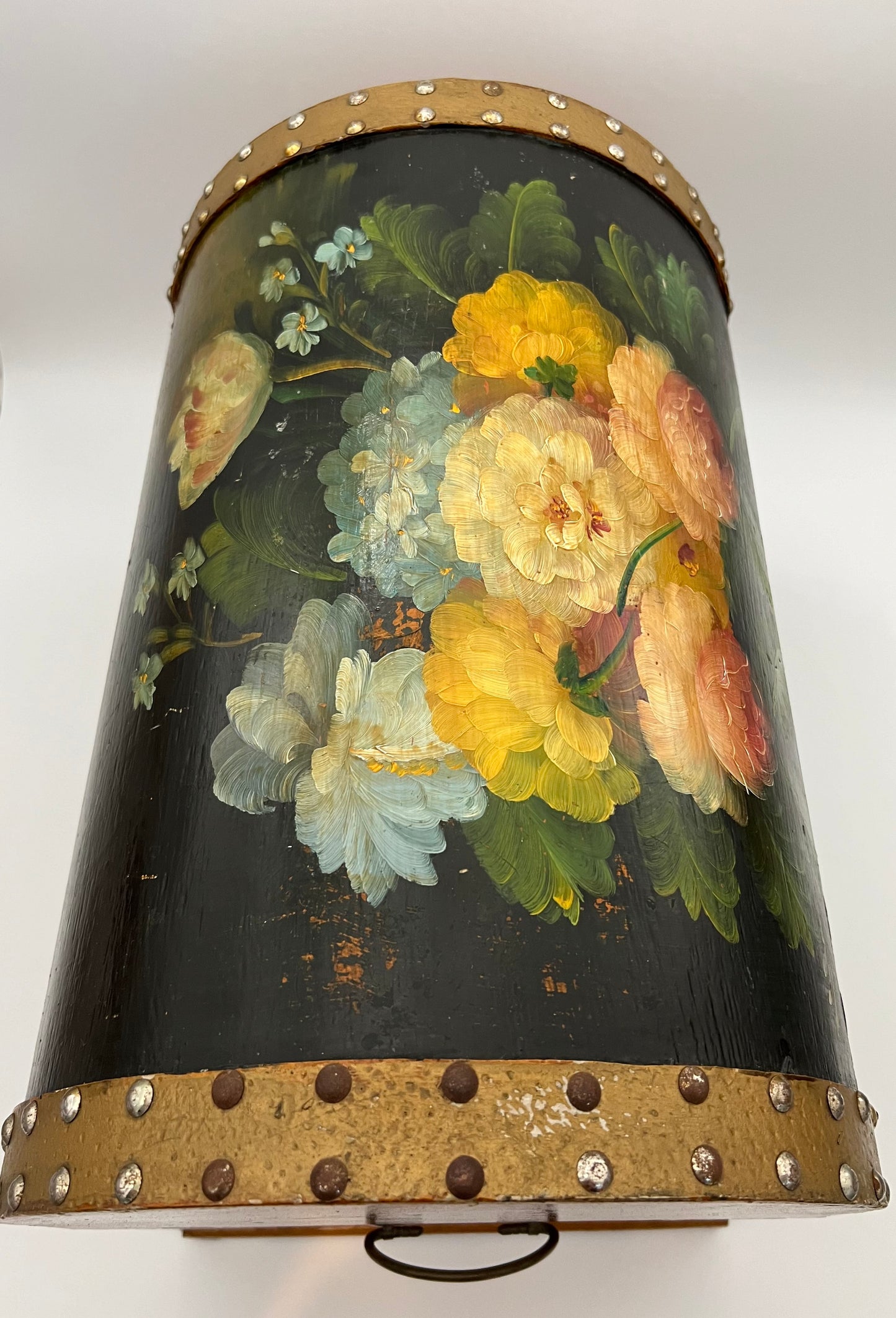 VINTAGE LEATHER TRIMMED FLORAL PAINTED CHEST
