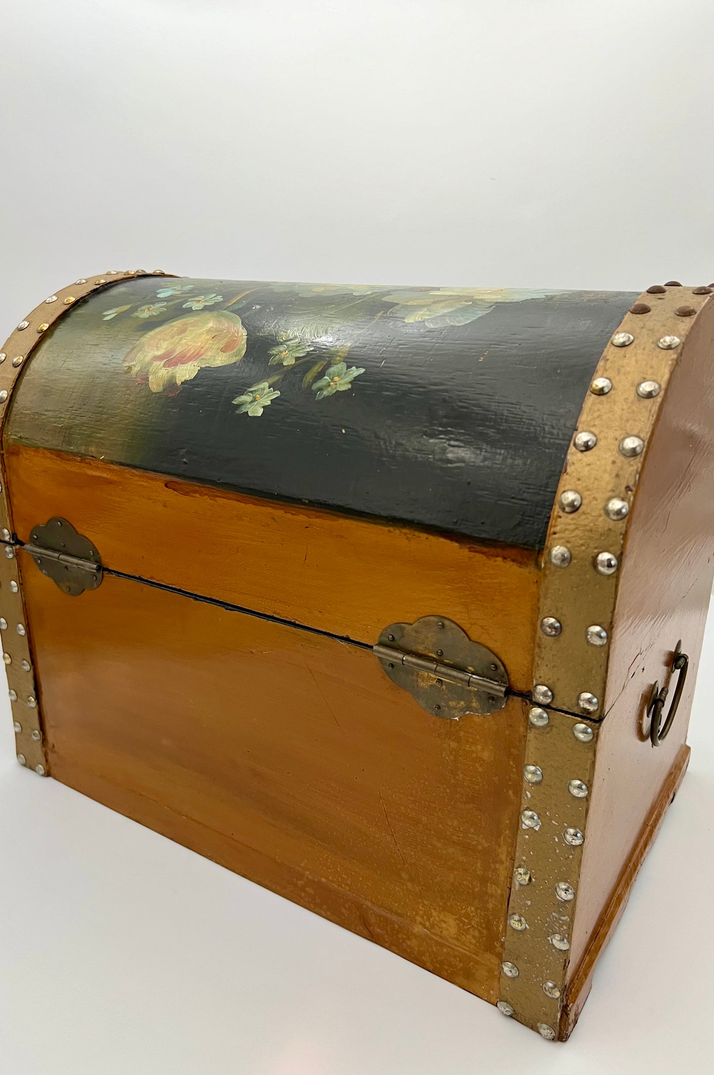 VINTAGE LEATHER TRIMMED FLORAL PAINTED CHEST