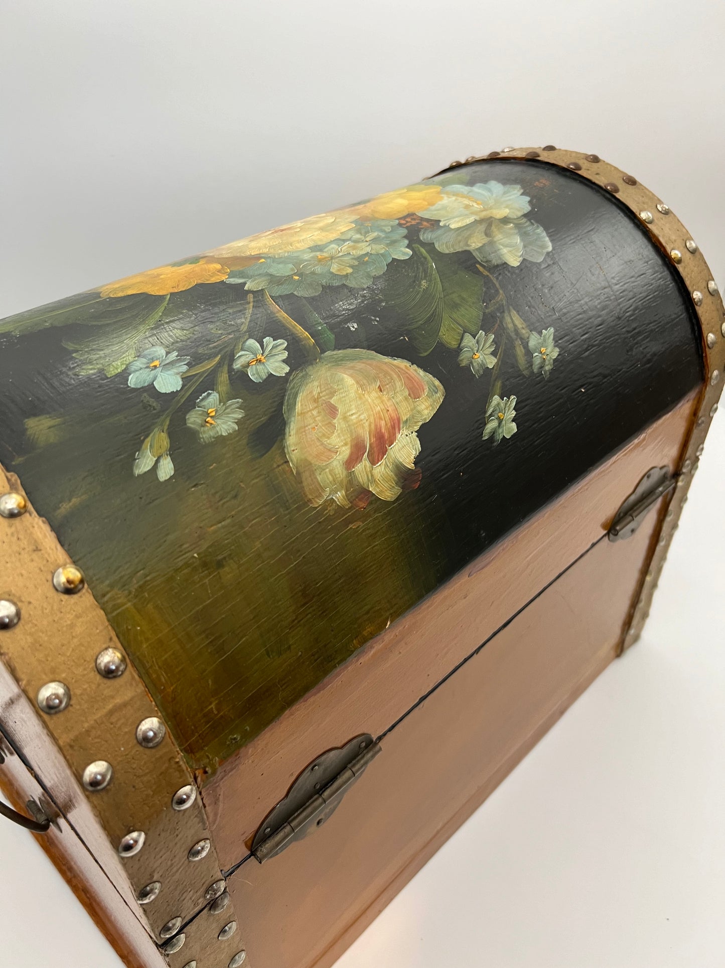 VINTAGE LEATHER TRIMMED FLORAL PAINTED CHEST