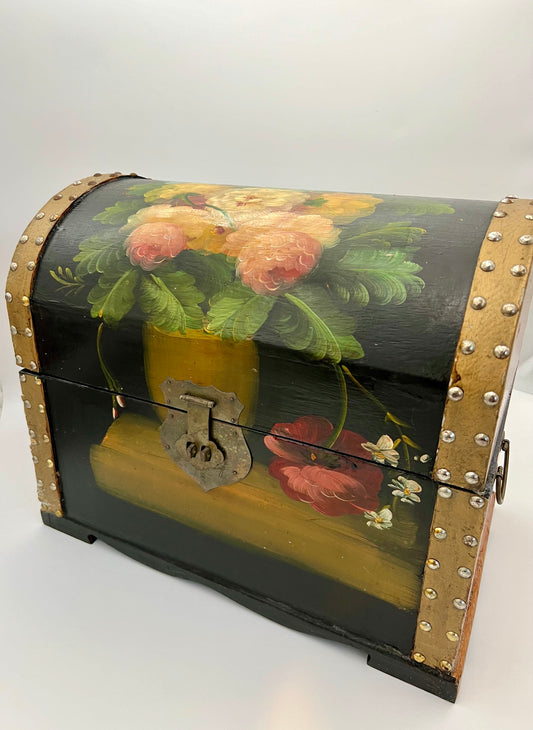 VINTAGE LEATHER TRIMMED FLORAL PAINTED CHEST