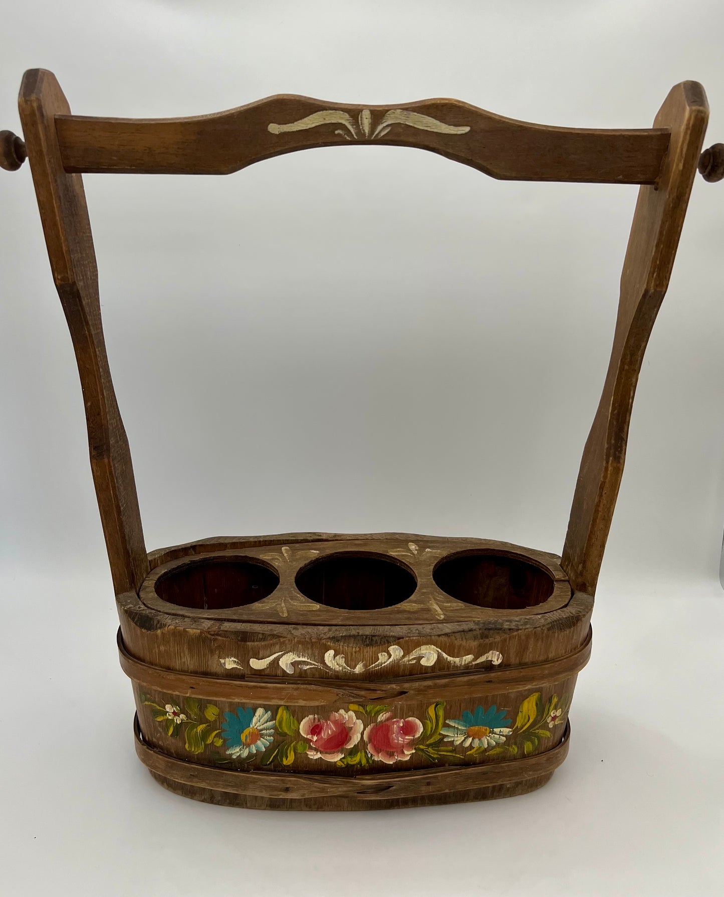 ANTIQUE EUROPEAN HANDPAINTED WOOD THREE BOTTLE WINE CARRIER