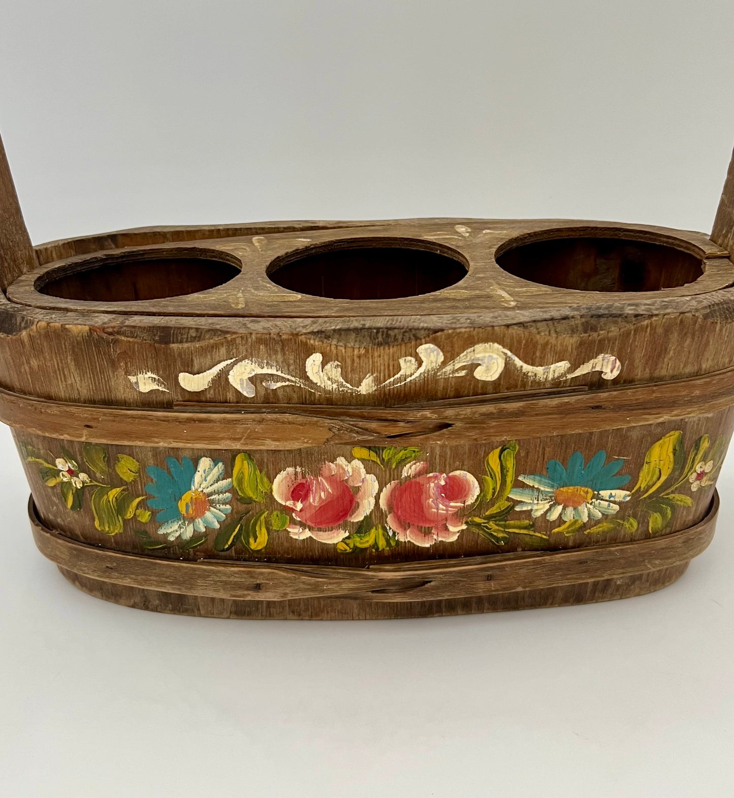 ANTIQUE EUROPEAN HANDPAINTED WOOD THREE BOTTLE WINE CARRIER