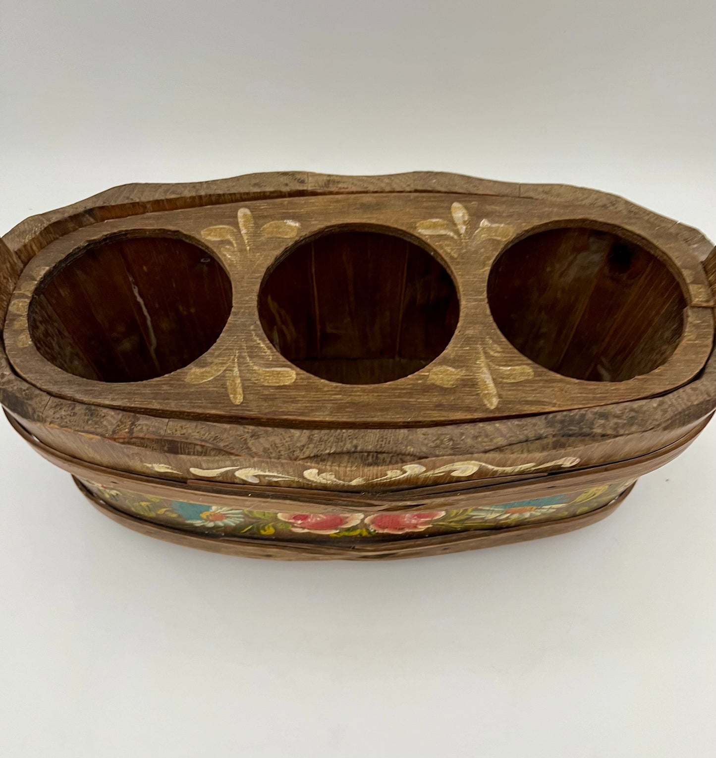 ANTIQUE EUROPEAN HANDPAINTED WOOD THREE BOTTLE WINE CARRIER
