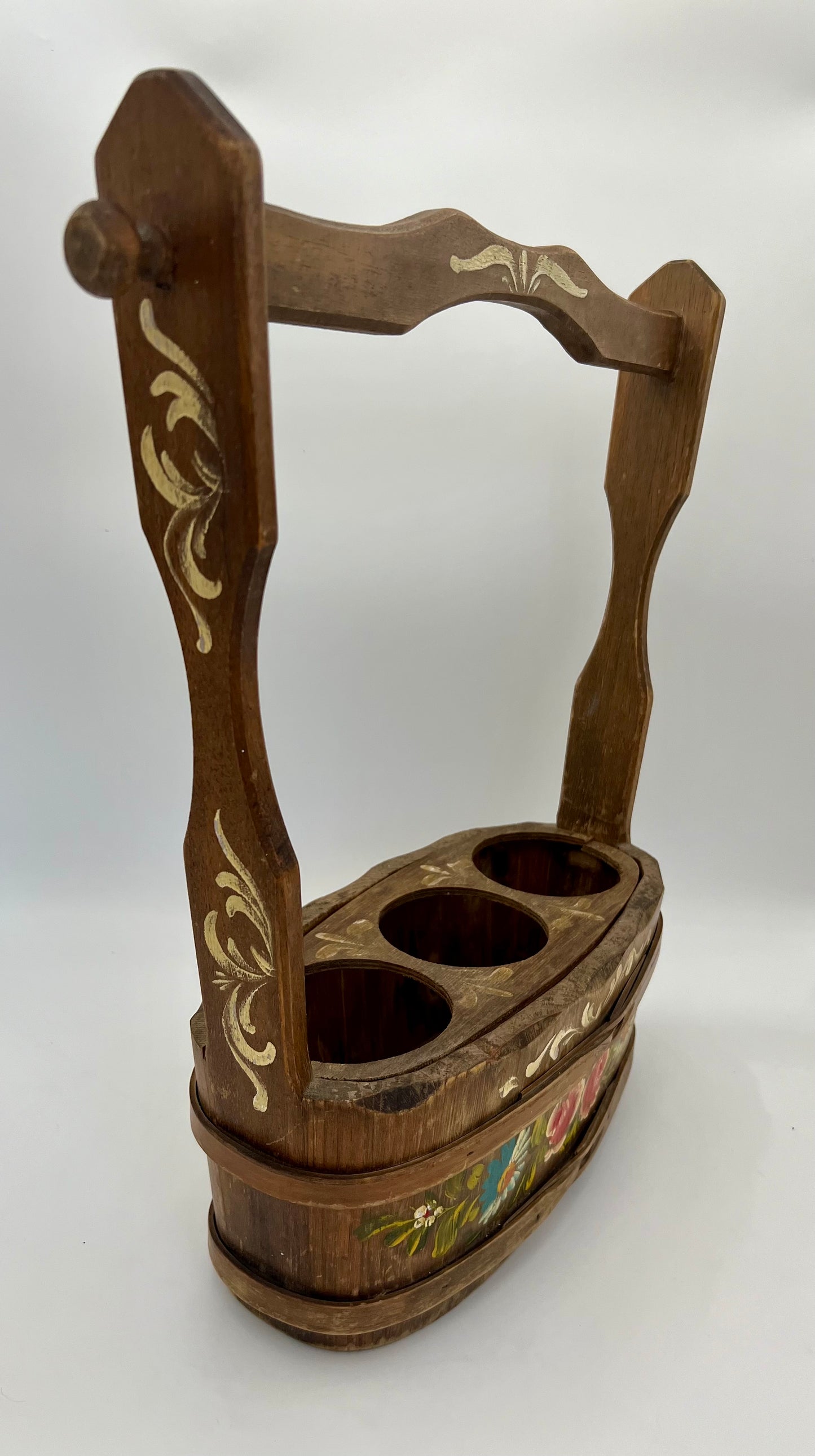 ANTIQUE EUROPEAN HANDPAINTED WOOD THREE BOTTLE WINE CARRIER
