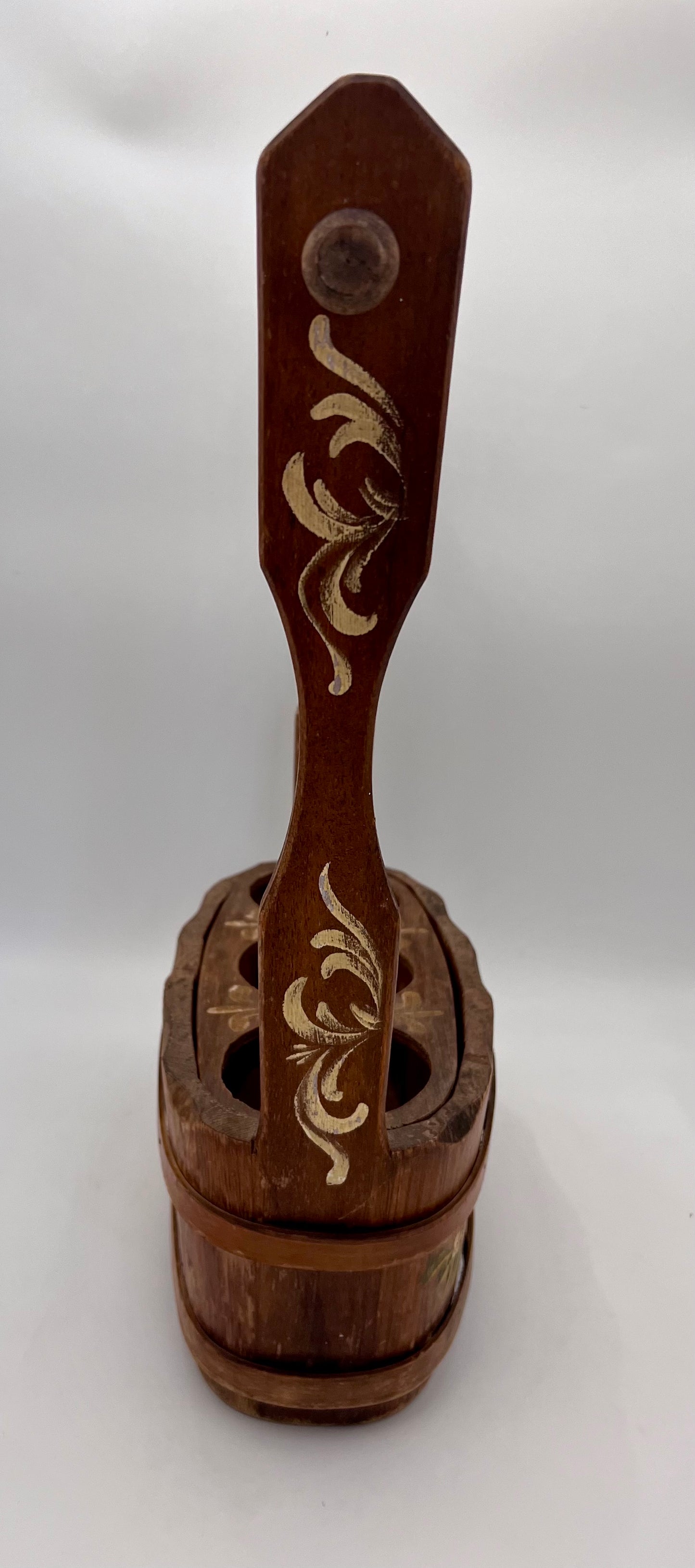 ANTIQUE EUROPEAN HANDPAINTED WOOD THREE BOTTLE WINE CARRIER