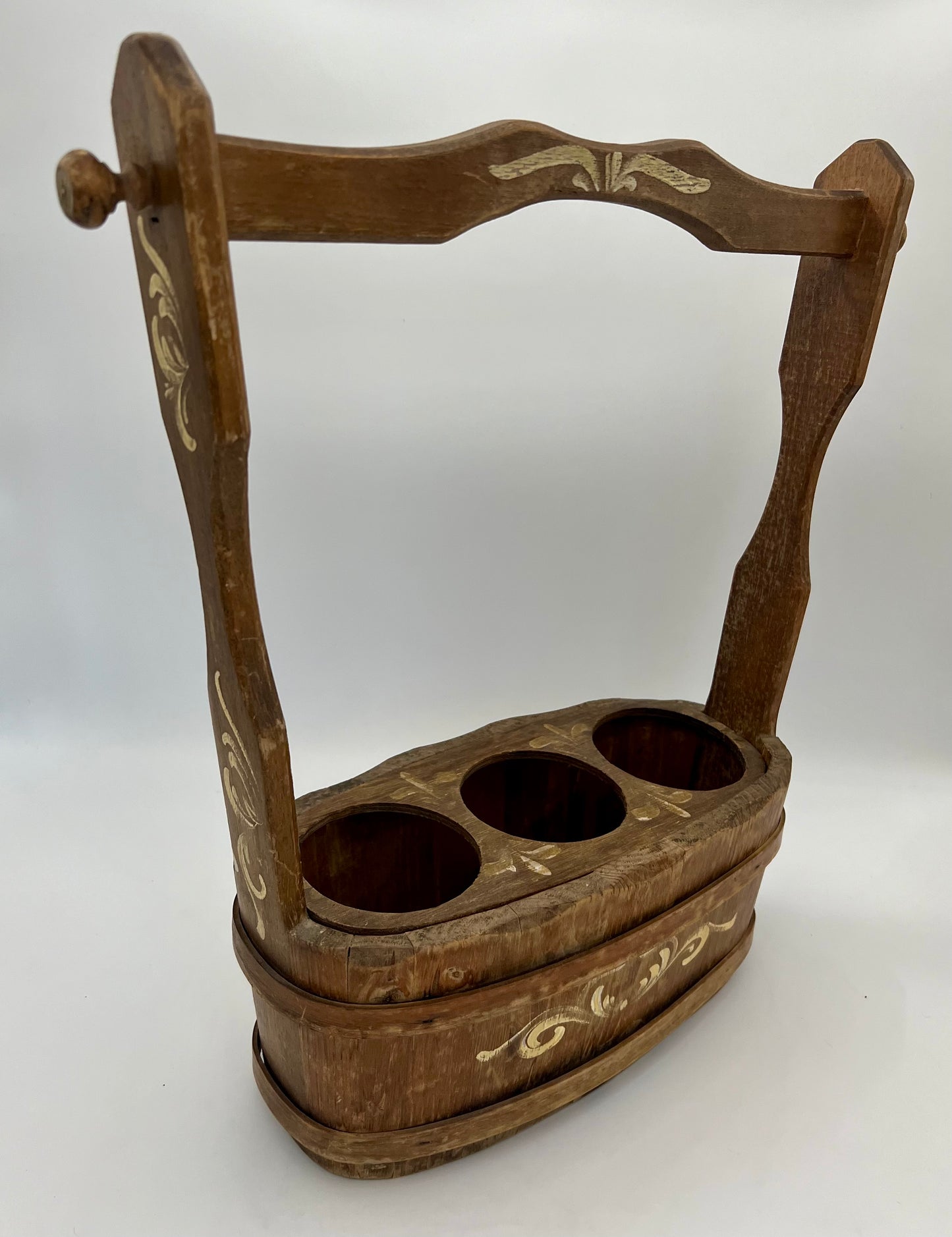 ANTIQUE EUROPEAN HANDPAINTED WOOD THREE BOTTLE WINE CARRIER