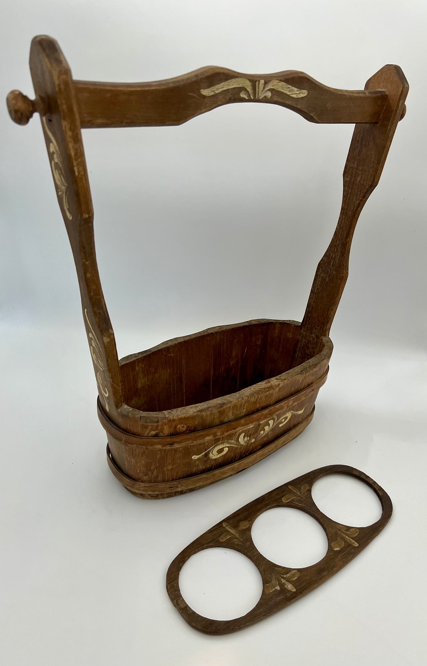 ANTIQUE EUROPEAN HANDPAINTED WOOD THREE BOTTLE WINE CARRIER