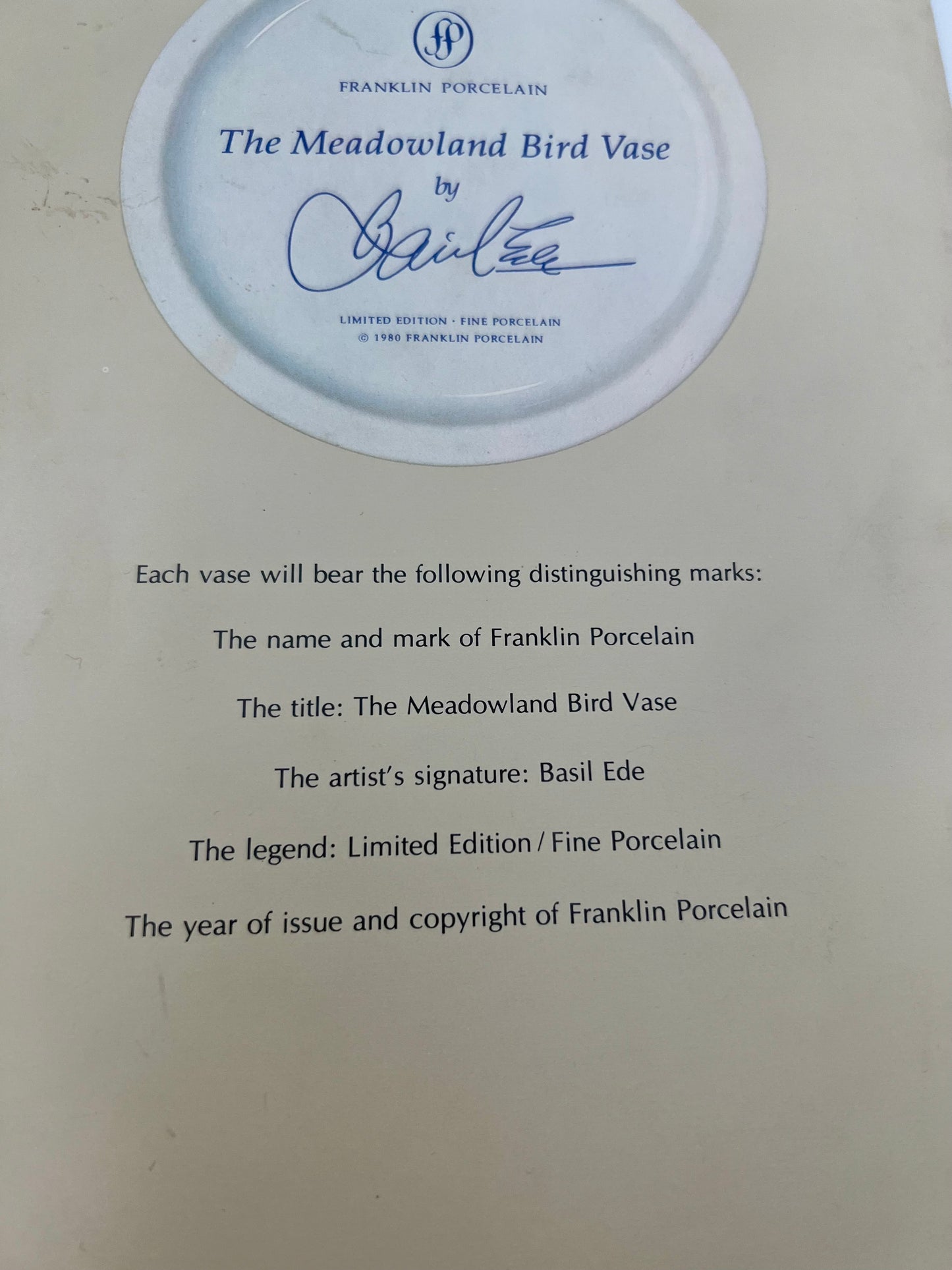 FRANKLIN PORCELAIN "THE MEADOWLAND BIRD VASE" LIMITED EDITION, CIRCA 1980