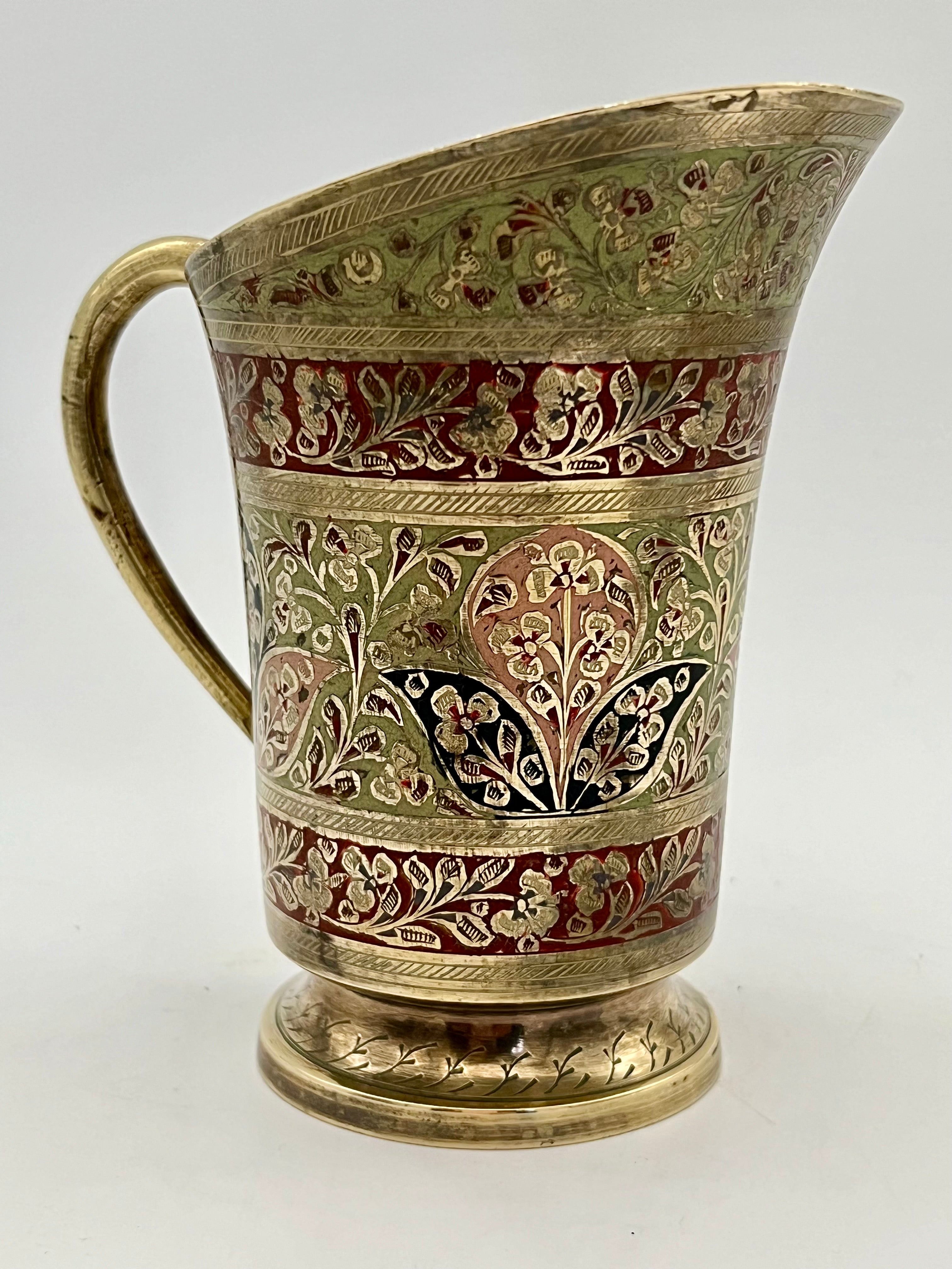 ANTIQUE CIRCA 1900 INDIAN MEENAKARI ENAMELED BRASS PITCHER – HAND ENGRAVED FLORAL MOTIFS – 6″