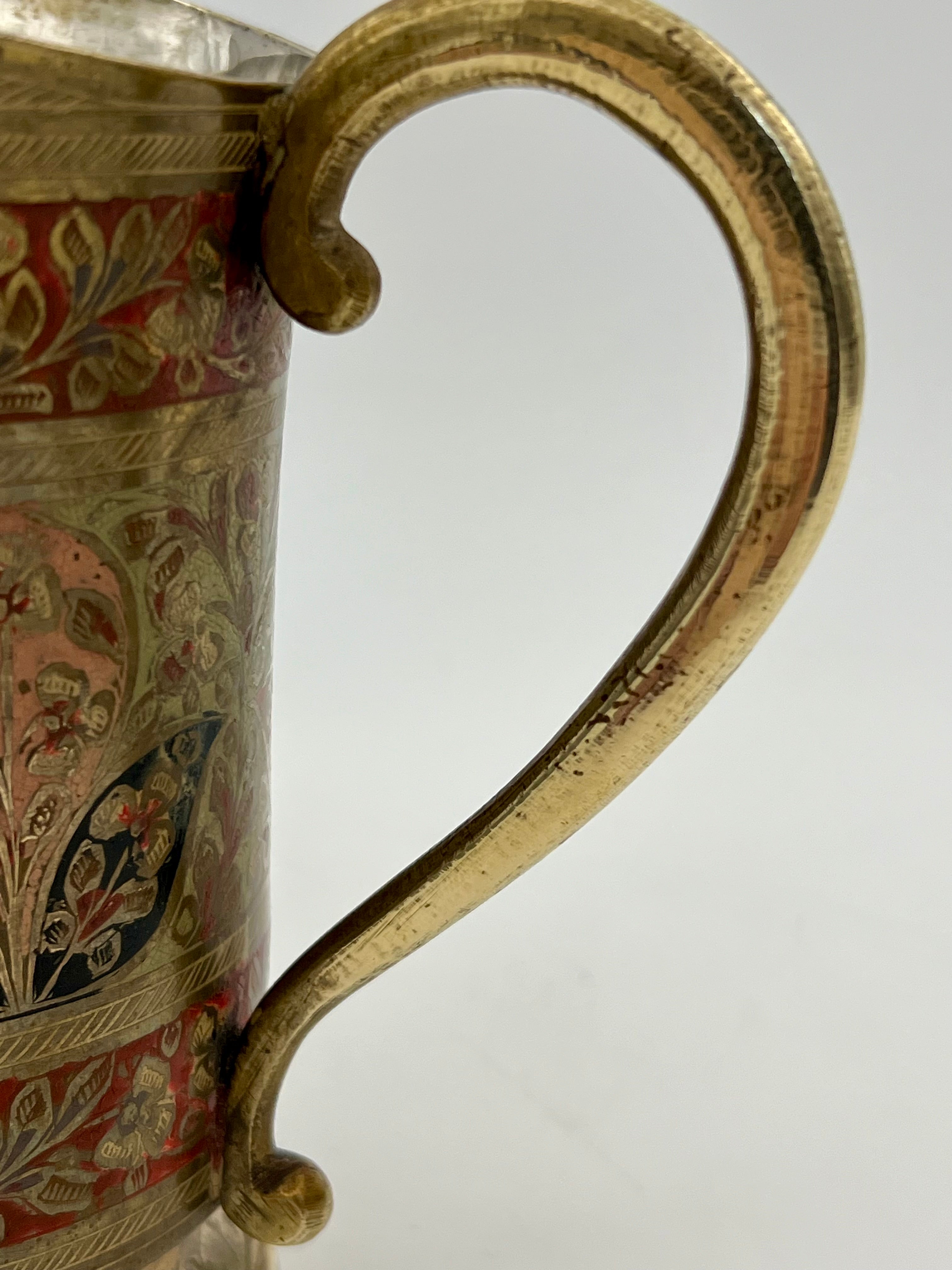 ANTIQUE CIRCA 1900 INDIAN MEENAKARI ENAMELED BRASS PITCHER – HAND ENGRAVED FLORAL MOTIFS – 6″