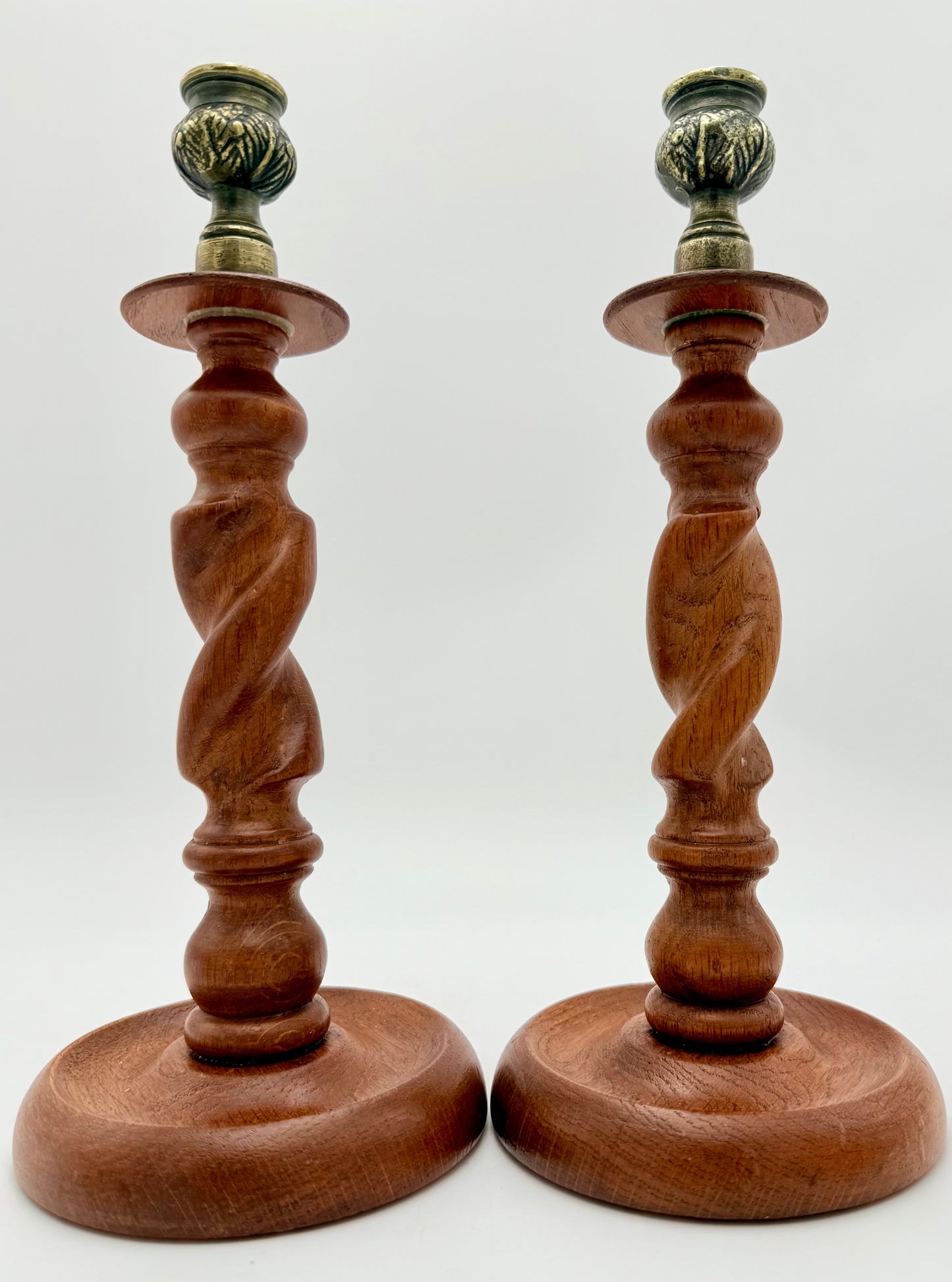 PAIR OF ANTIQUE ENGLISH BARLEY TWIST WITH AGED BRASS THISTLE TOP CANDLESTICK HOLDERS