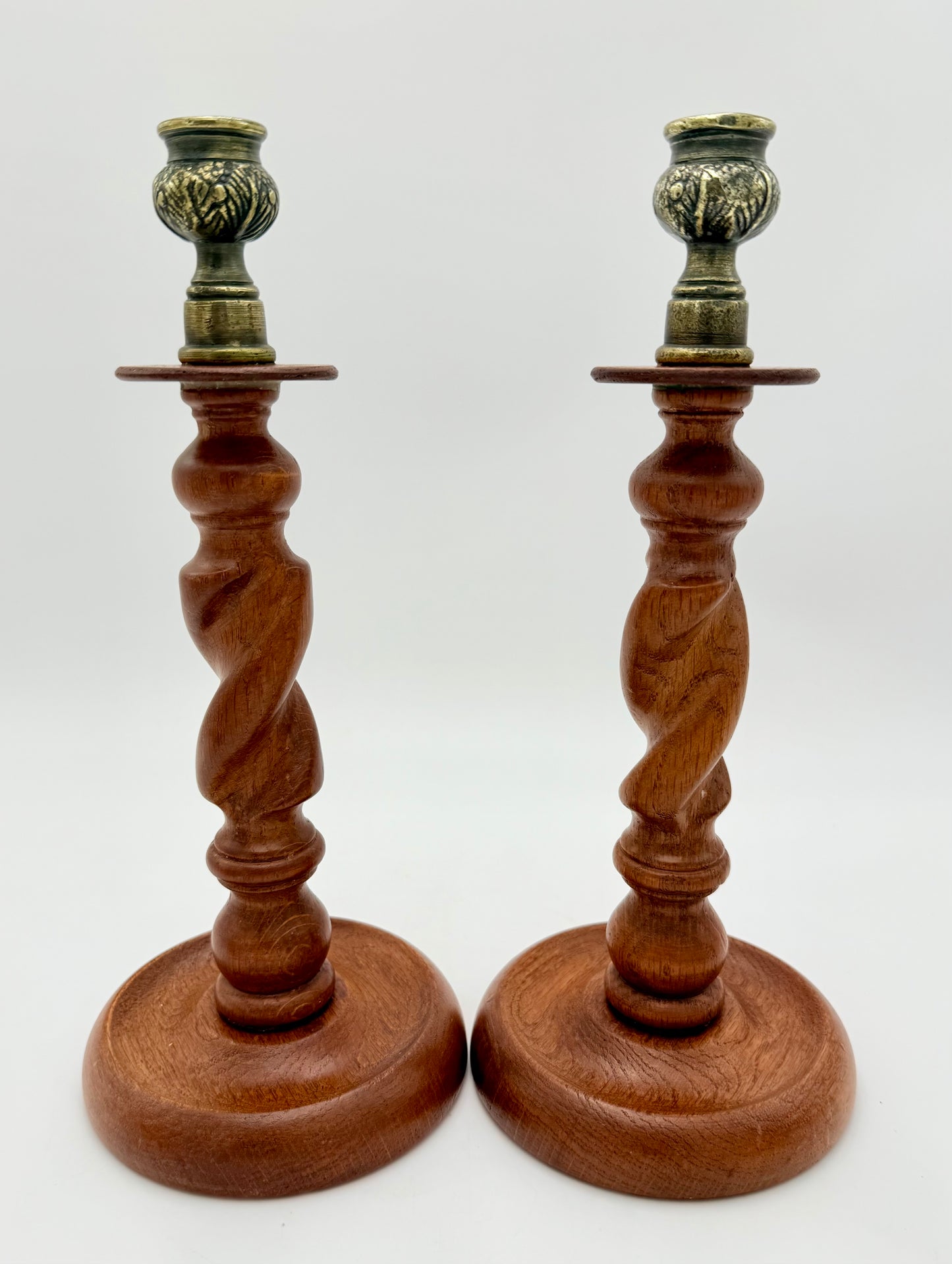 PAIR OF ANTIQUE ENGLISH BARLEY TWIST WITH AGED BRASS THISTLE TOP CANDLESTICK HOLDERS