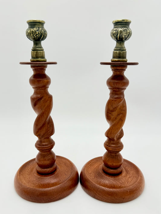 PAIR OF ANTIQUE ENGLISH BARLEY TWIST WITH AGED BRASS THISTLE TOP CANDLESTICK HOLDERS