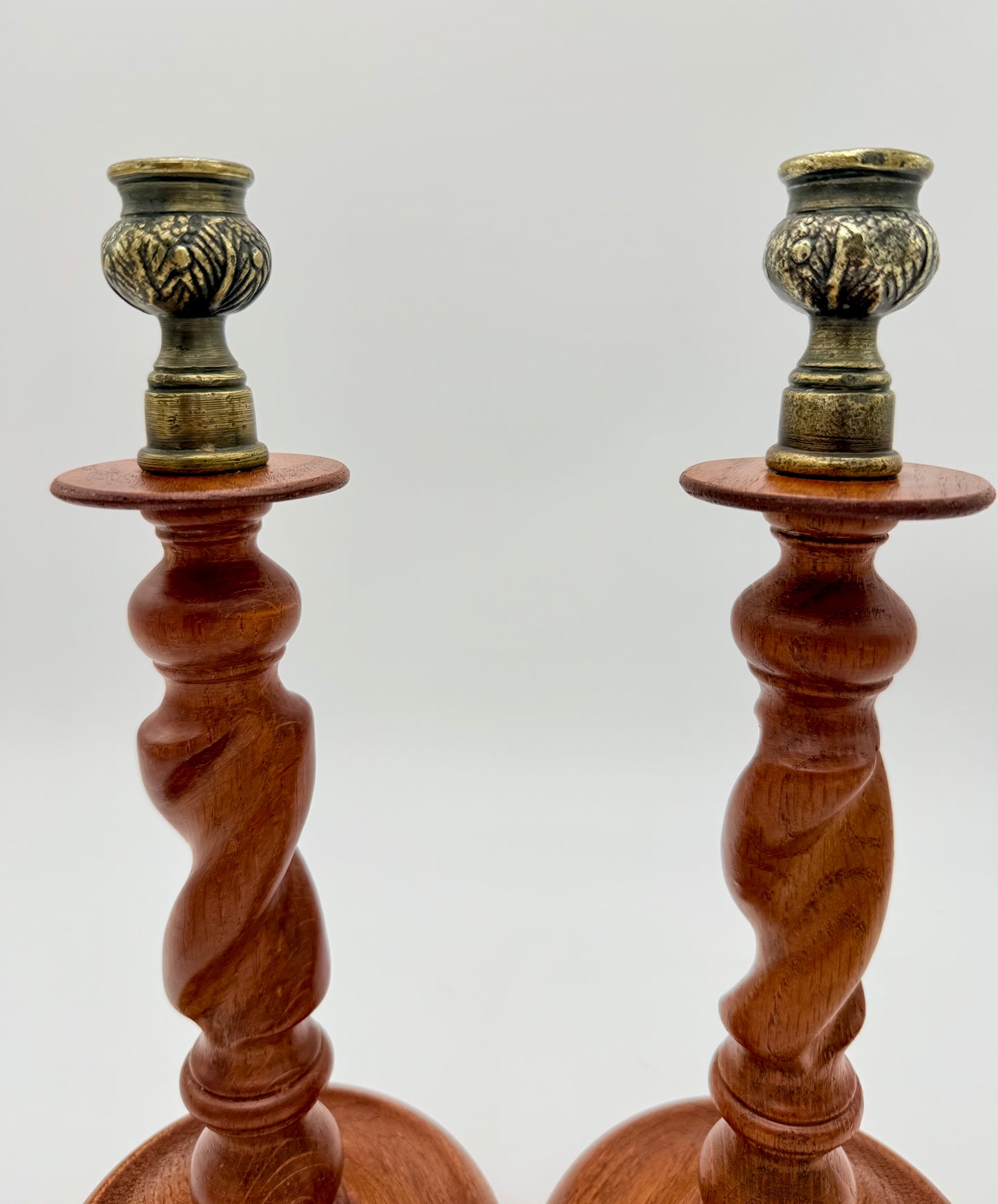PAIR OF ANTIQUE ENGLISH BARLEY TWIST WITH AGED BRASS THISTLE TOP CANDLESTICK HOLDERS