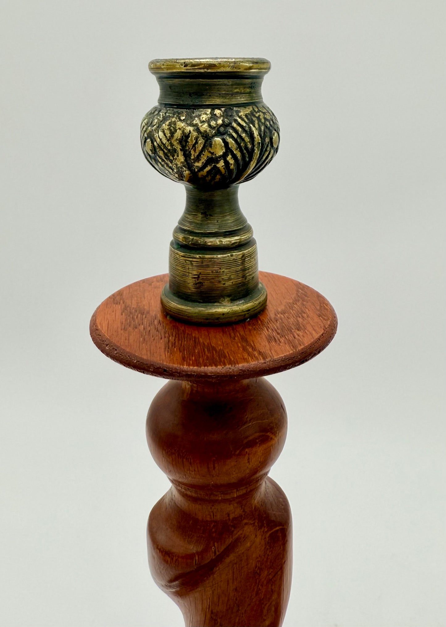 PAIR OF ANTIQUE ENGLISH BARLEY TWIST WITH AGED BRASS THISTLE TOP CANDLESTICK HOLDERS