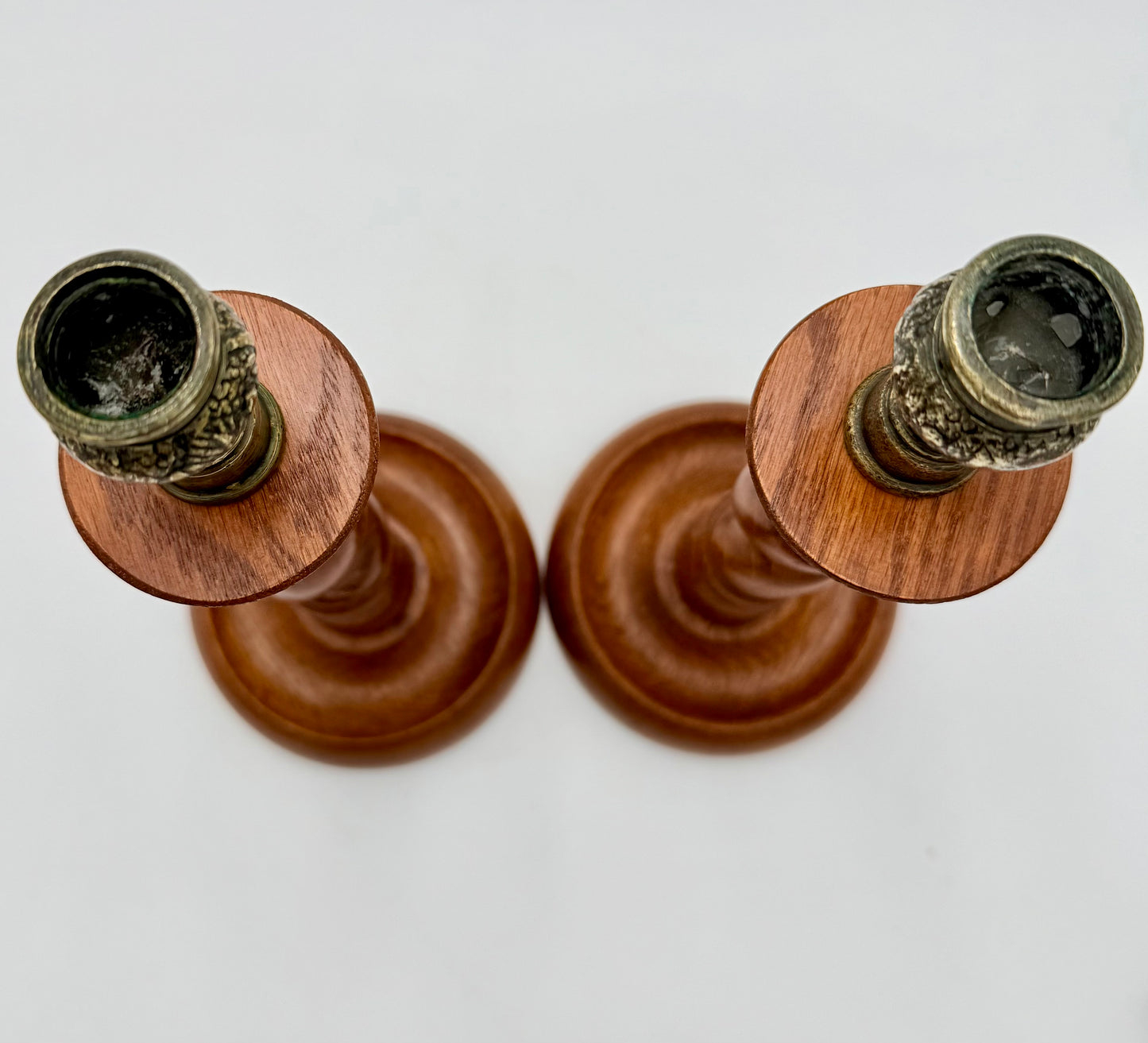 PAIR OF ANTIQUE ENGLISH BARLEY TWIST WITH AGED BRASS THISTLE TOP CANDLESTICK HOLDERS