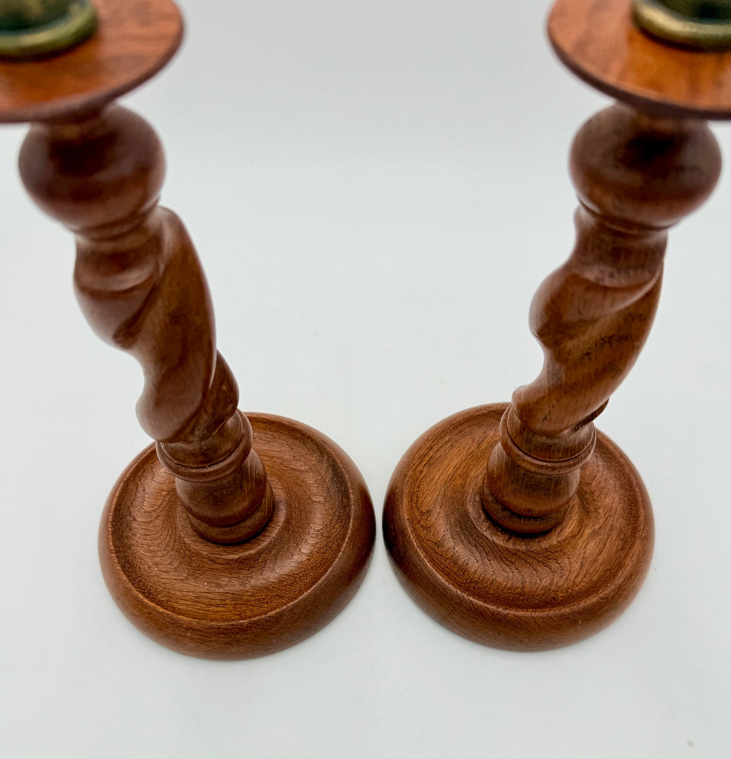 PAIR OF ANTIQUE ENGLISH BARLEY TWIST WITH AGED BRASS THISTLE TOP CANDLESTICK HOLDERS