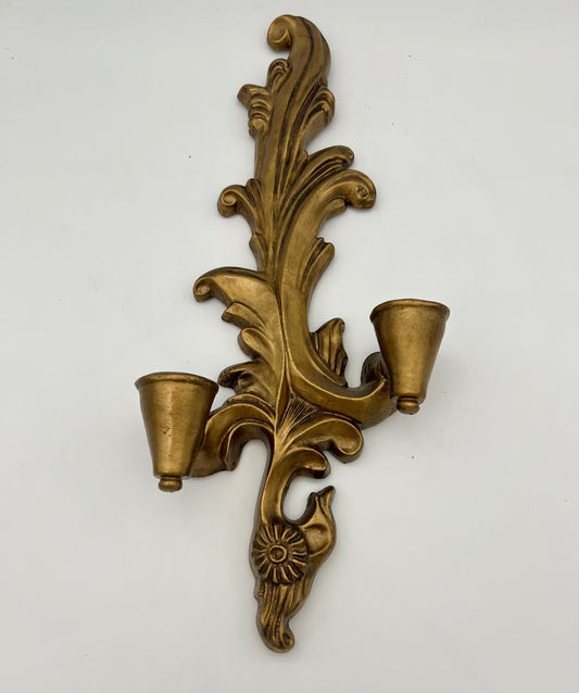 MIDCENTURY WOOD GILT 2 ARM WALL CANDLE SCONCE