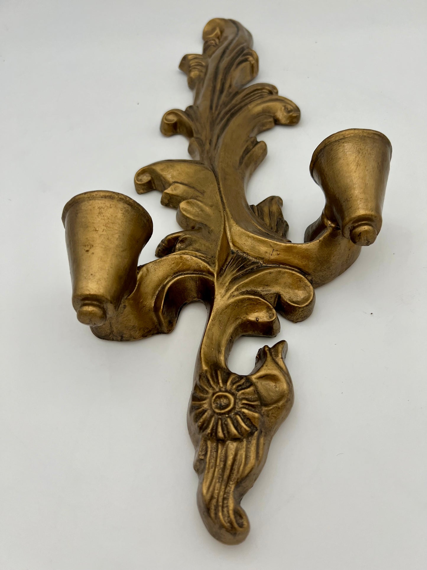 MIDCENTURY WOOD GILT 2 ARM WALL CANDLE SCONCE