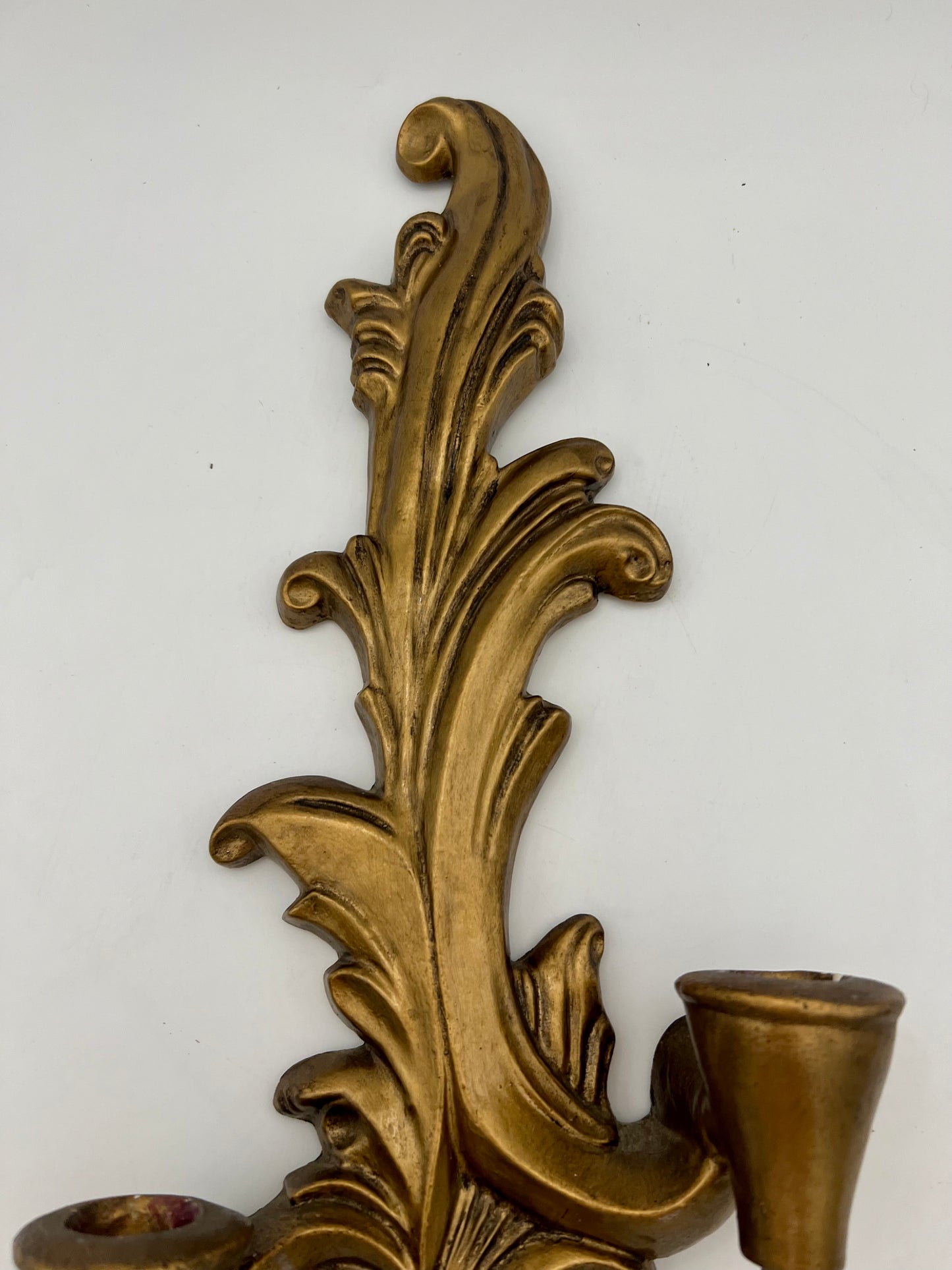 MIDCENTURY WOOD GILT 2 ARM WALL CANDLE SCONCE