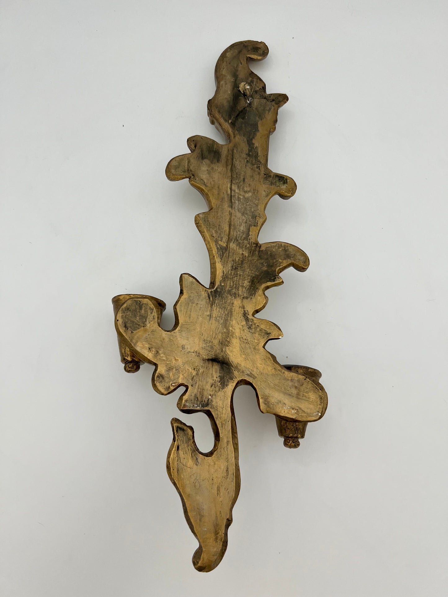 MIDCENTURY WOOD GILT 2 ARM WALL CANDLE SCONCE