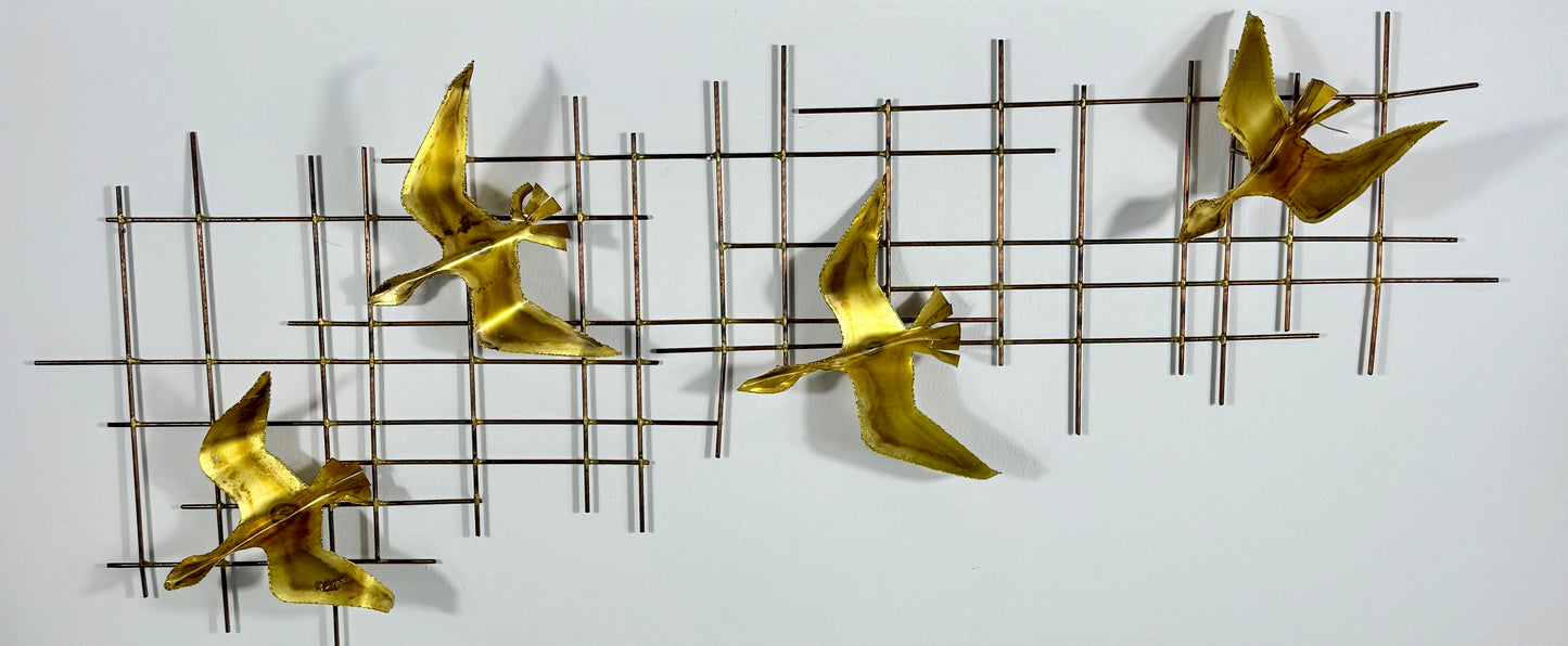 1970s STEEL AND BRASS 3D WALL ART BIRD SCULPTURE