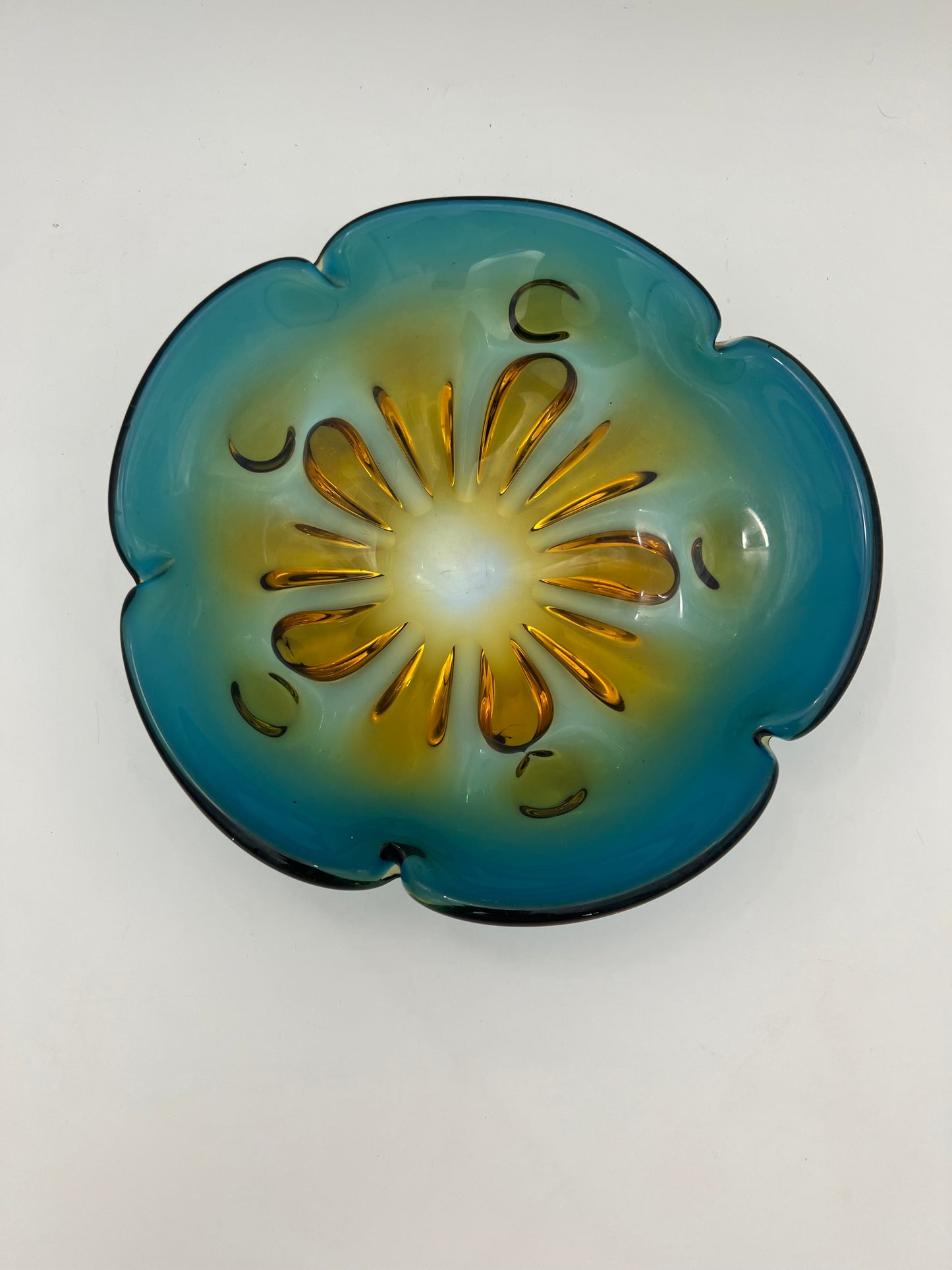 VINTAGE OMBRE ART GLASS TEAL, GREEN AND AMBER BOWL