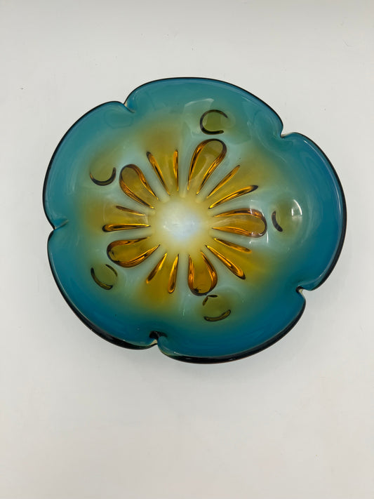 VINTAGE OMBRE ART GLASS TEAL, GREEN AND AMBER BOWL