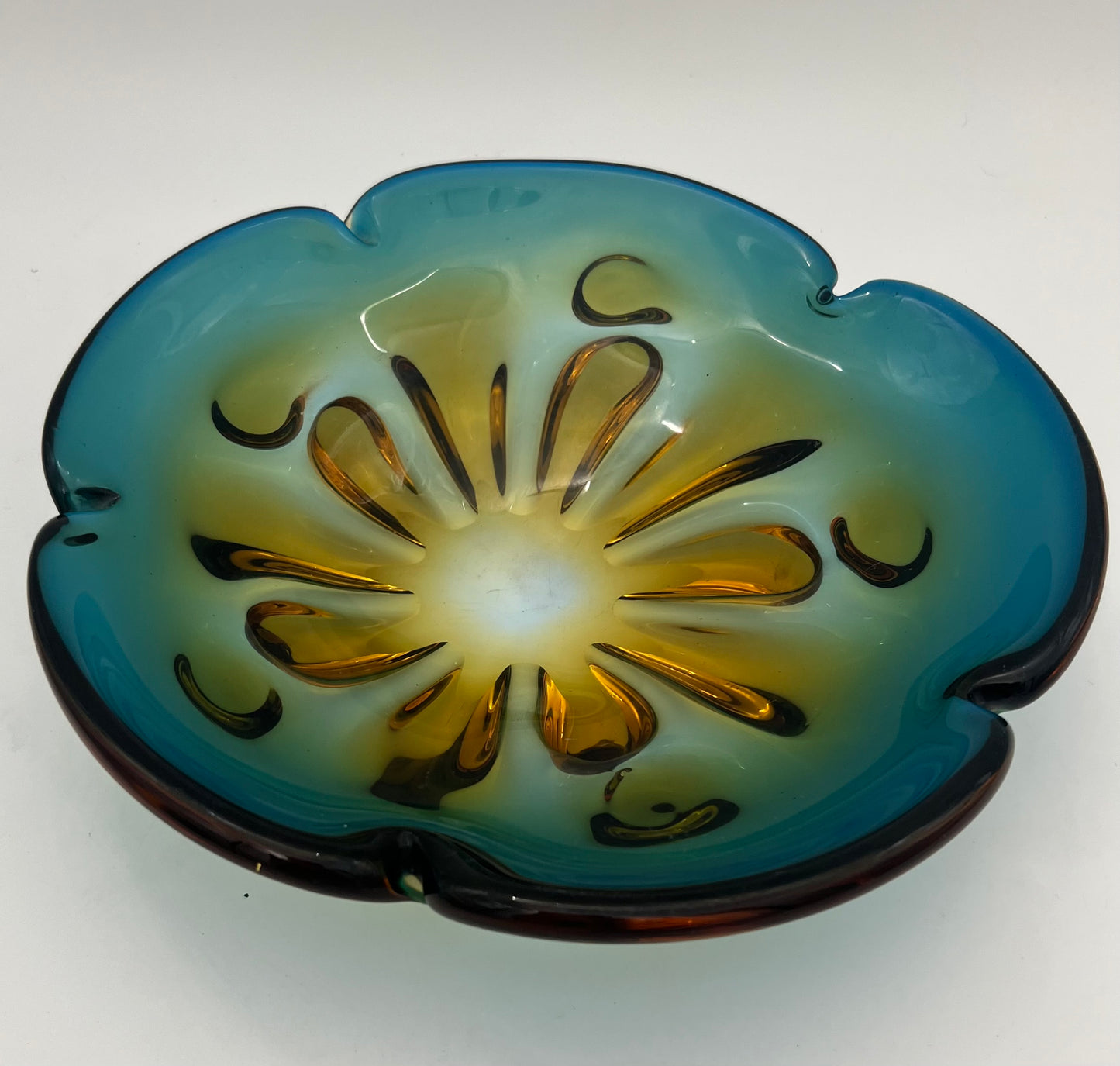 VINTAGE OMBRE ART GLASS TEAL, GREEN AND AMBER BOWL