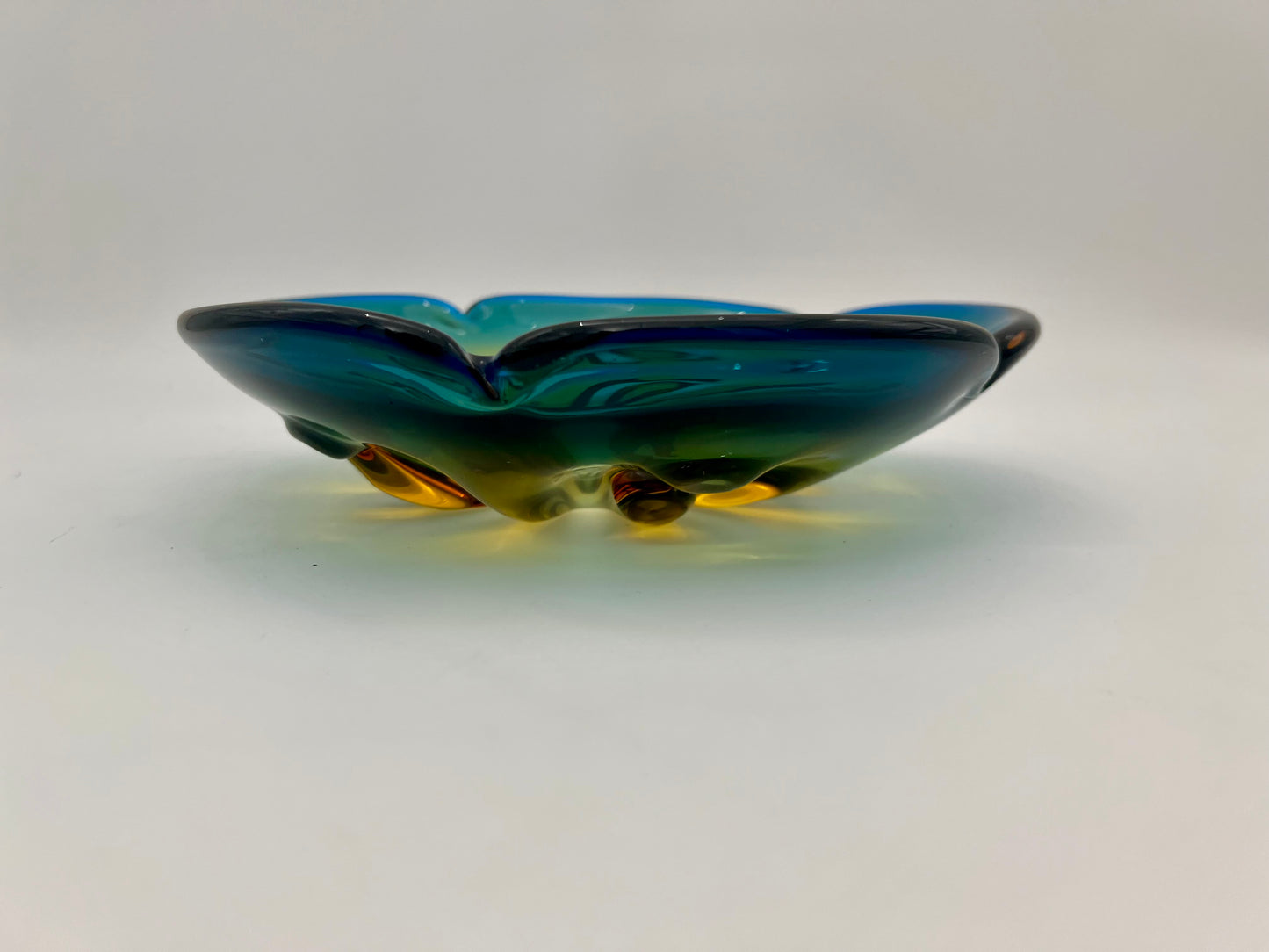 VINTAGE OMBRE ART GLASS TEAL, GREEN AND AMBER BOWL