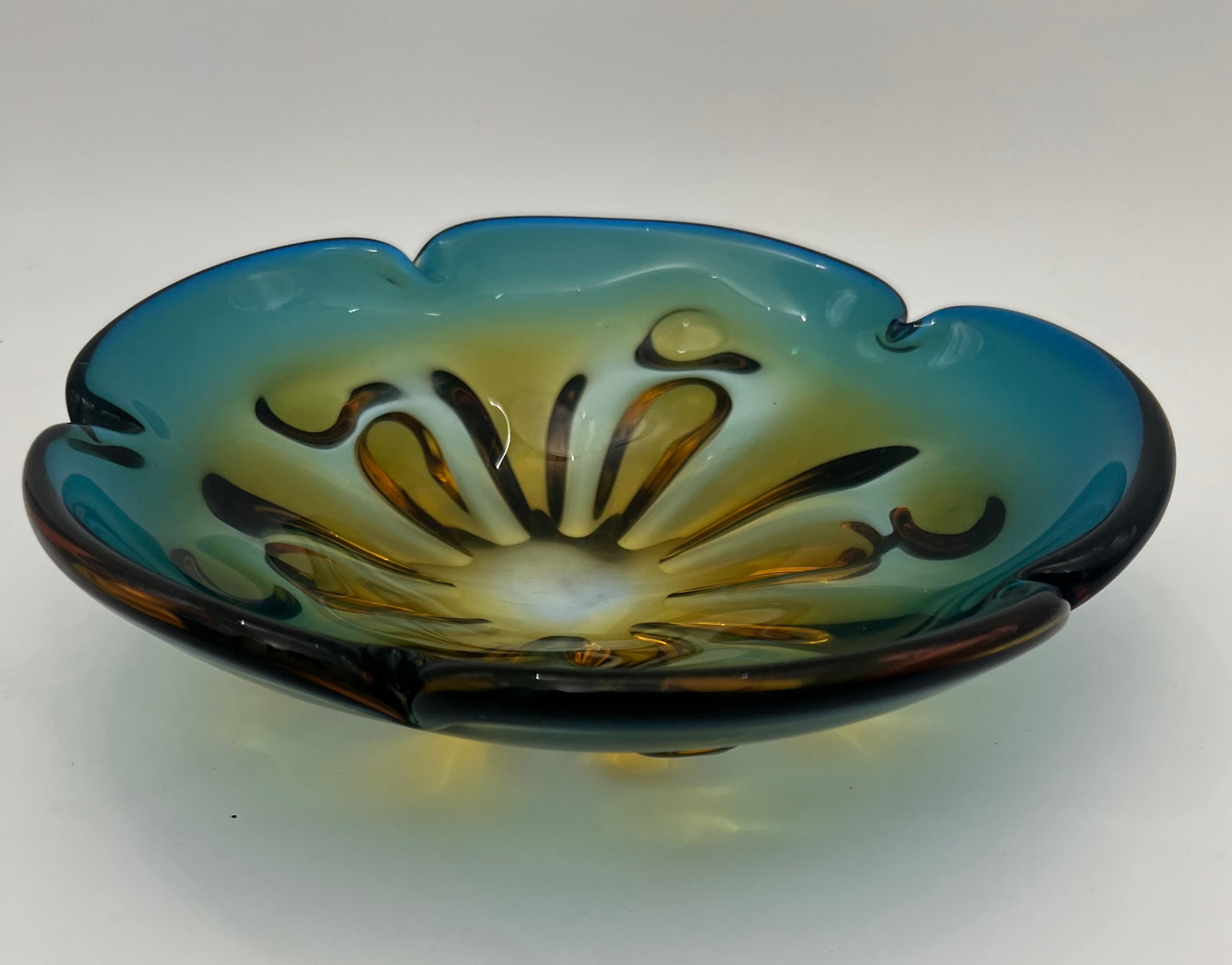 VINTAGE OMBRE ART GLASS TEAL, GREEN AND AMBER BOWL