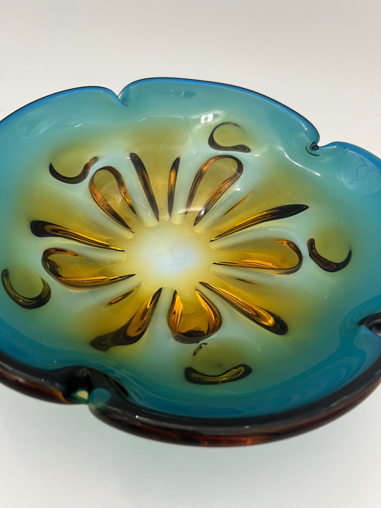 VINTAGE OMBRE ART GLASS TEAL, GREEN AND AMBER BOWL