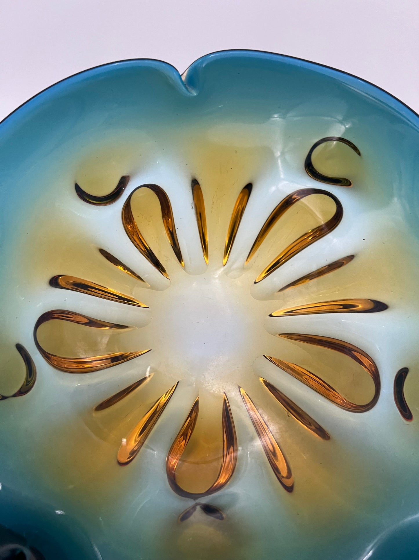 VINTAGE OMBRE ART GLASS TEAL, GREEN AND AMBER BOWL
