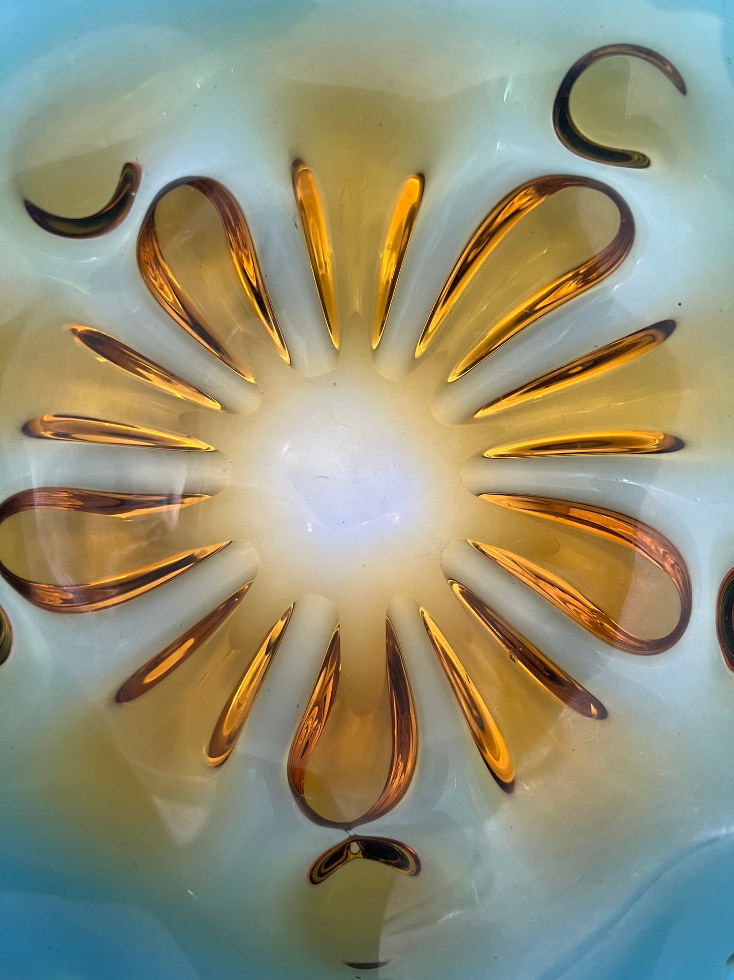 VINTAGE OMBRE ART GLASS TEAL, GREEN AND AMBER BOWL