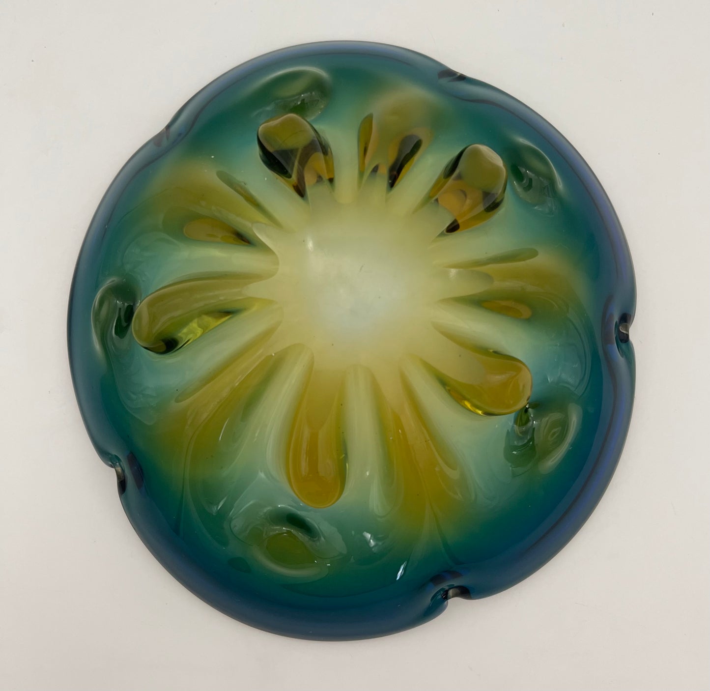 VINTAGE OMBRE ART GLASS TEAL, GREEN AND AMBER BOWL