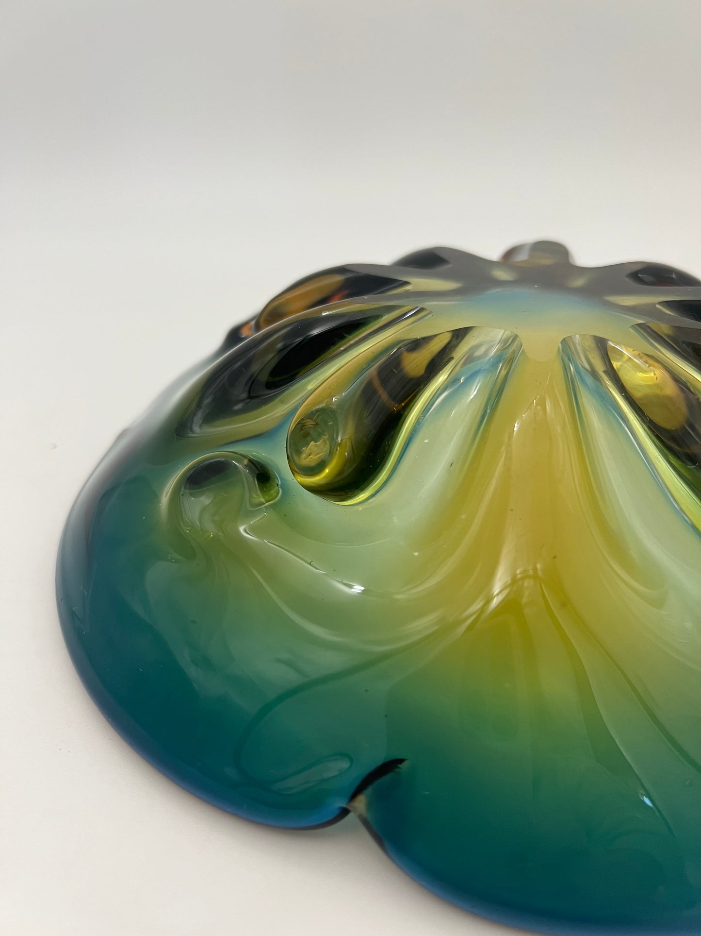 VINTAGE OMBRE ART GLASS TEAL, GREEN AND AMBER BOWL