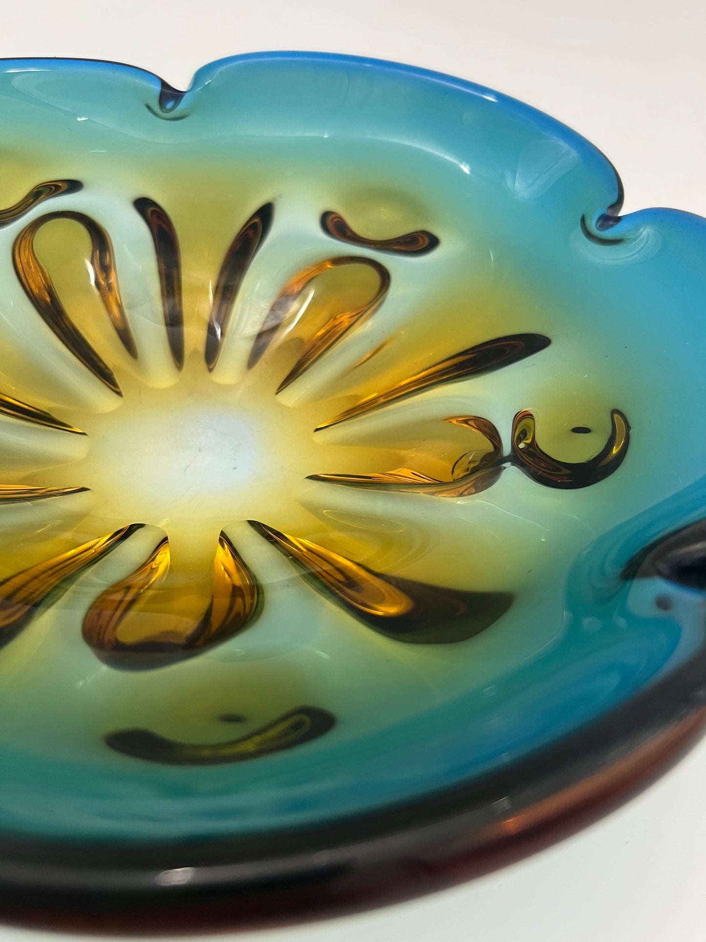 VINTAGE OMBRE ART GLASS TEAL, GREEN AND AMBER BOWL