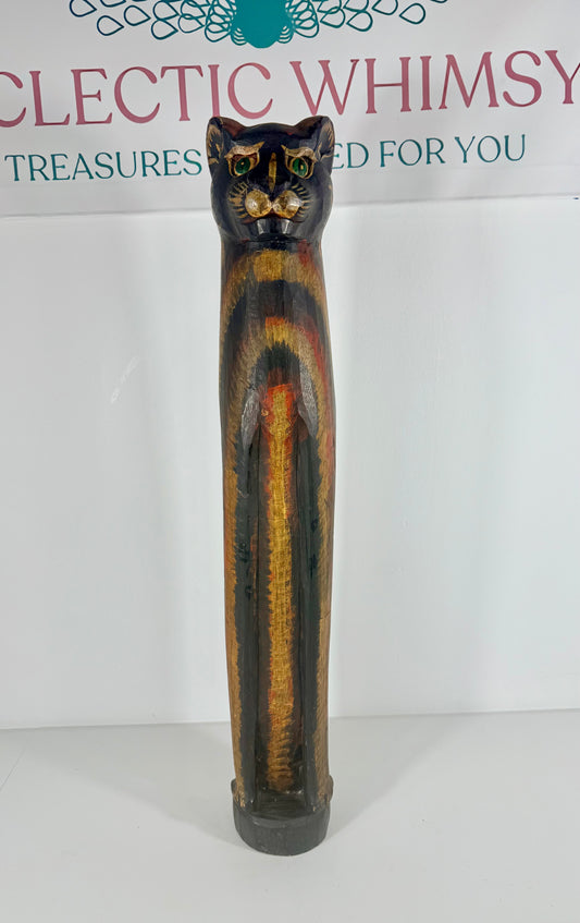 Vintage Tall Wood Hand Carved/Hand Painted Cat Statue/Totem