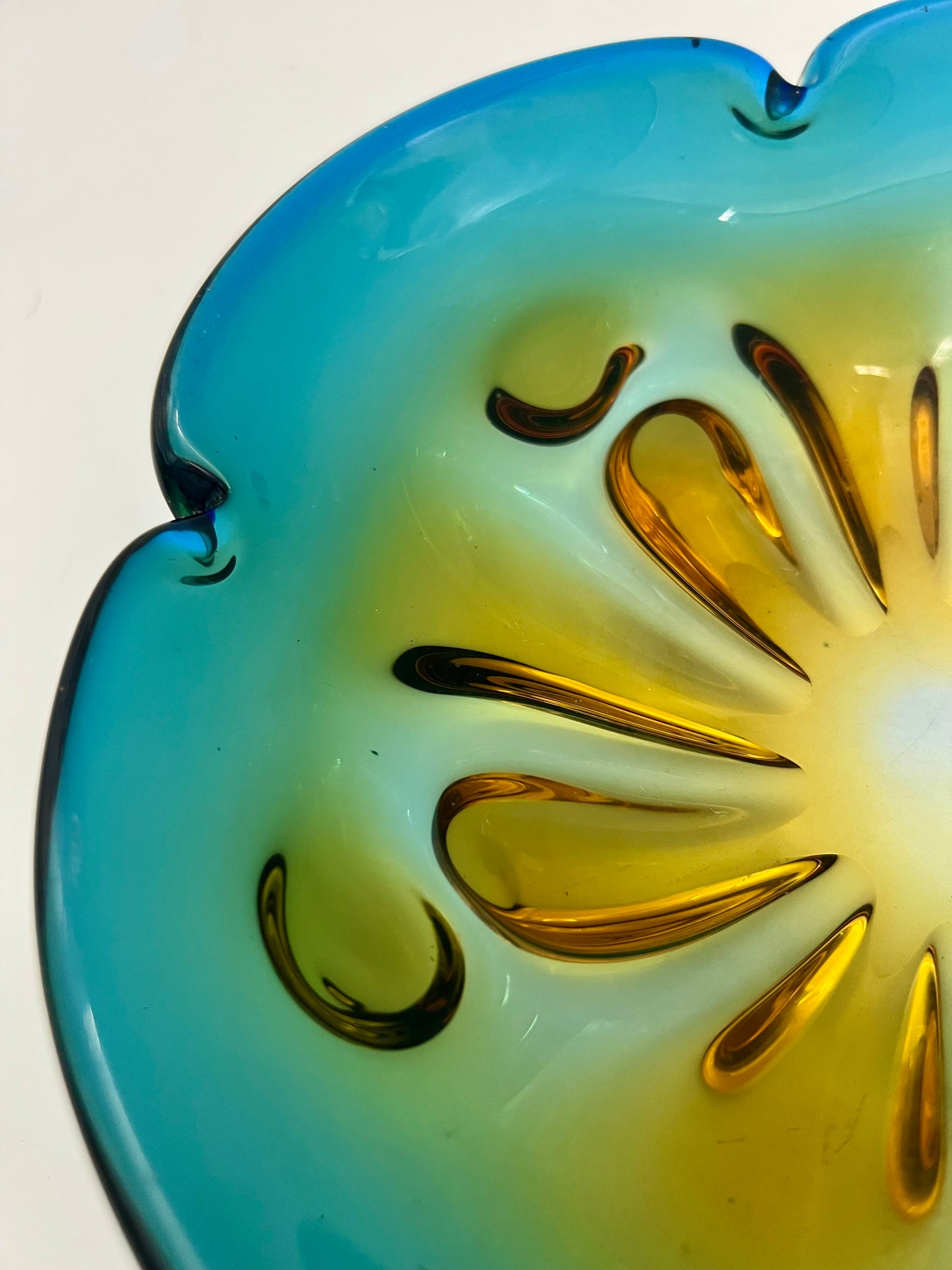 VINTAGE OMBRE ART GLASS TEAL, GREEN AND AMBER BOWL