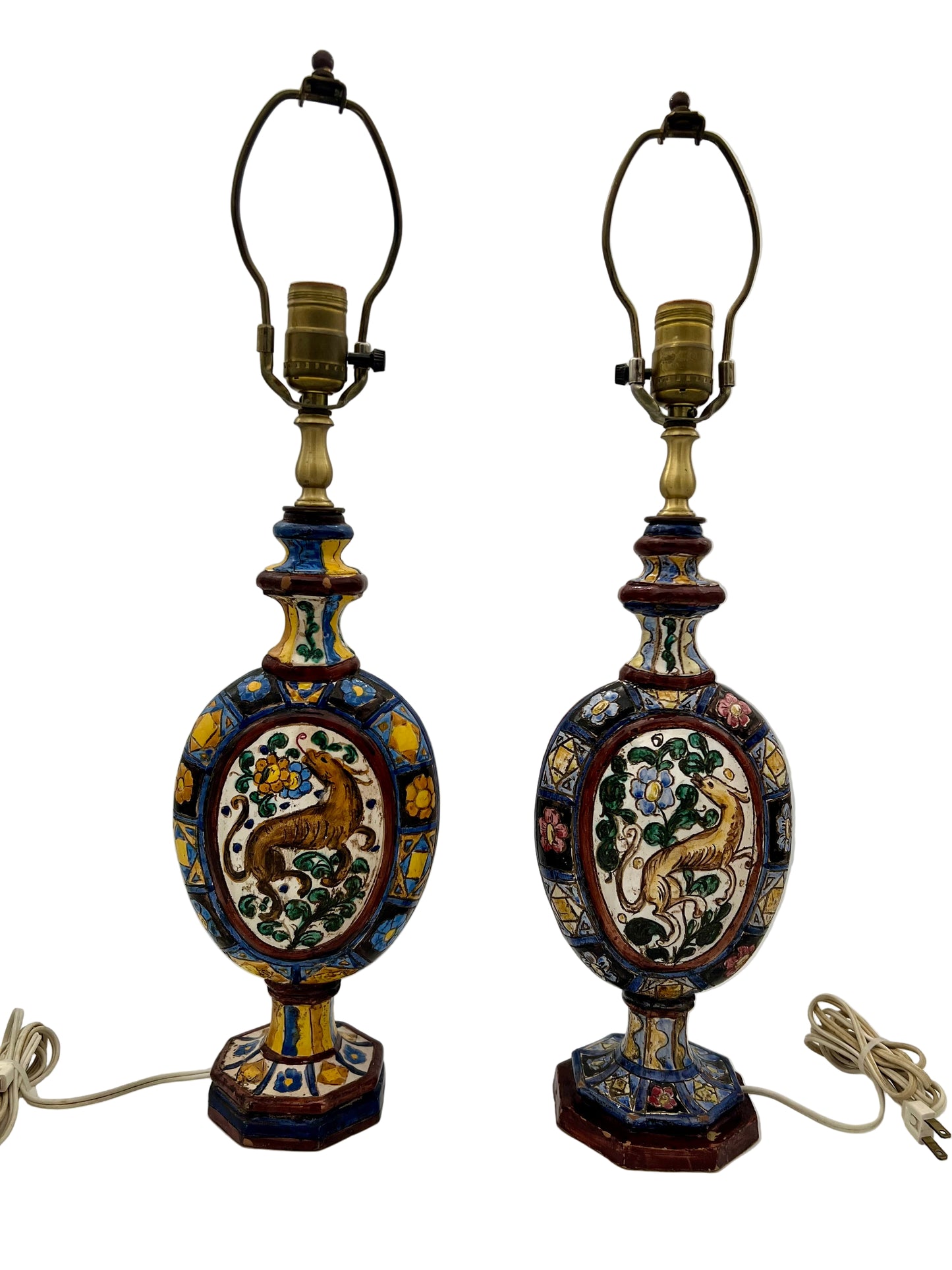PAIR OF ANTIQUE ITALIAN MAJOLICA CERAMIC TABLE LAMPS