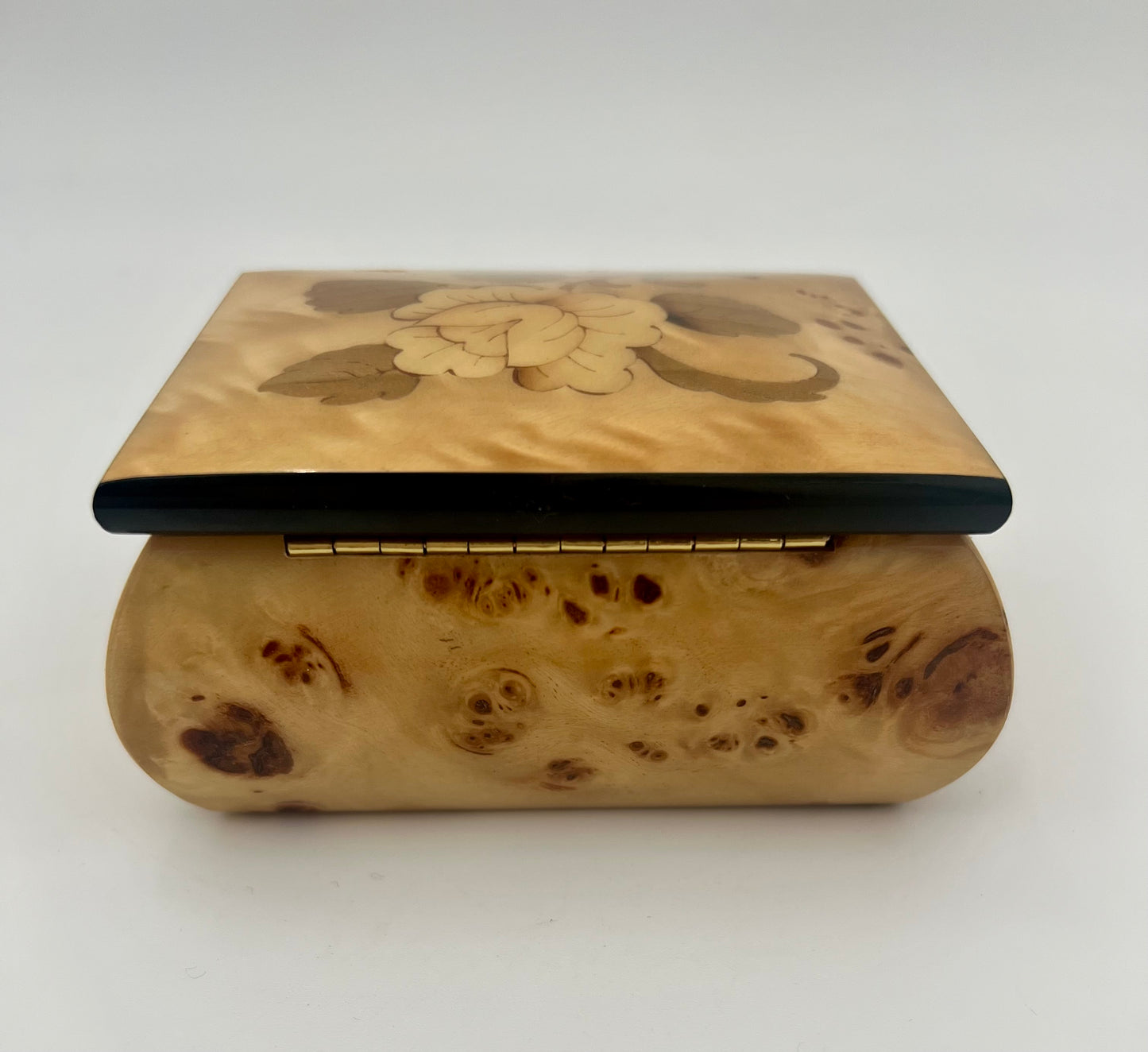VINTAGE ITALIAN BURLWOOD INLAID FLOWER JEWELRY BOX