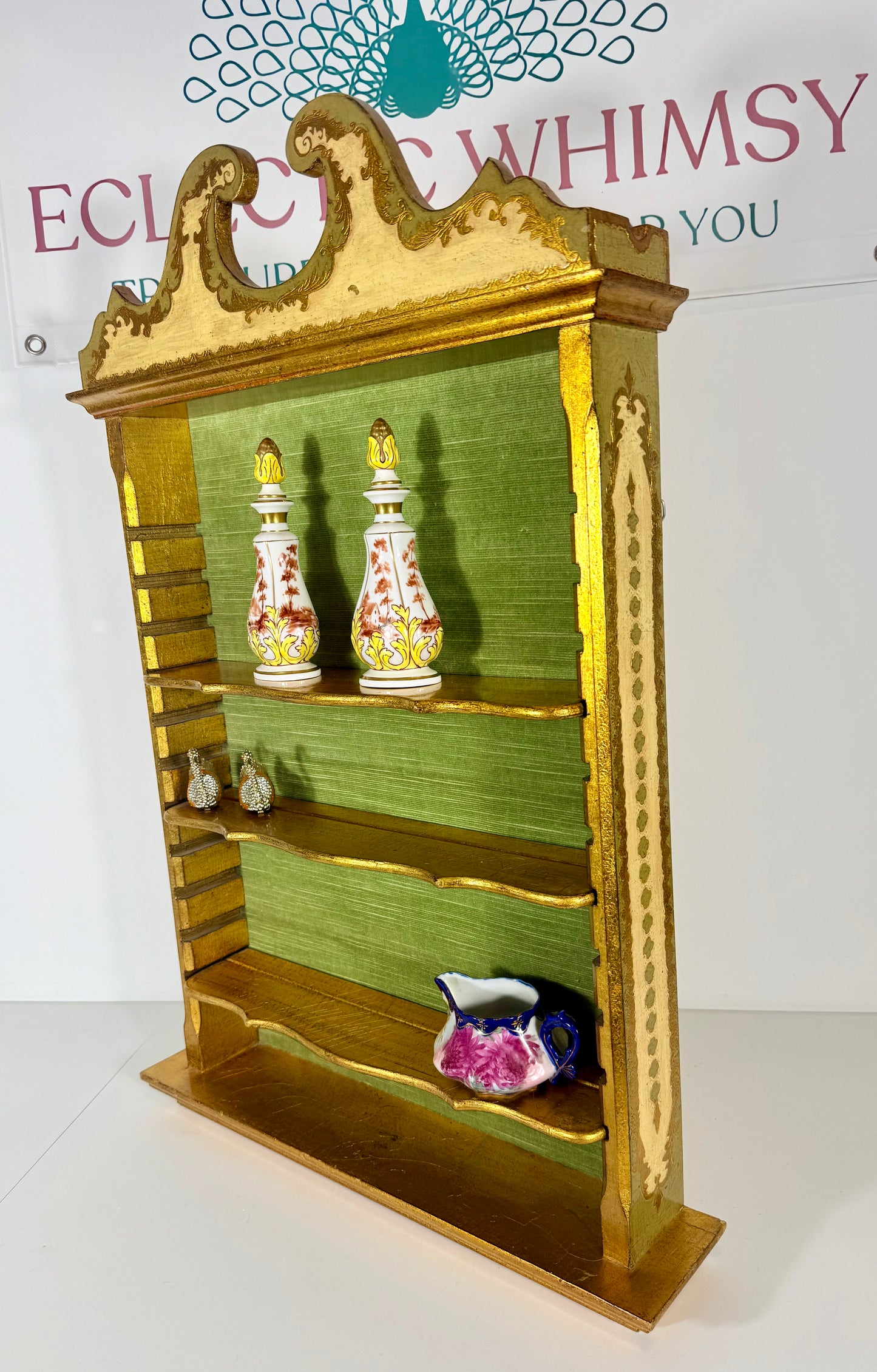 VINTAGE GOLD, GREEN, AND IVORY FLORENTINE WOOD HANGING SHELF